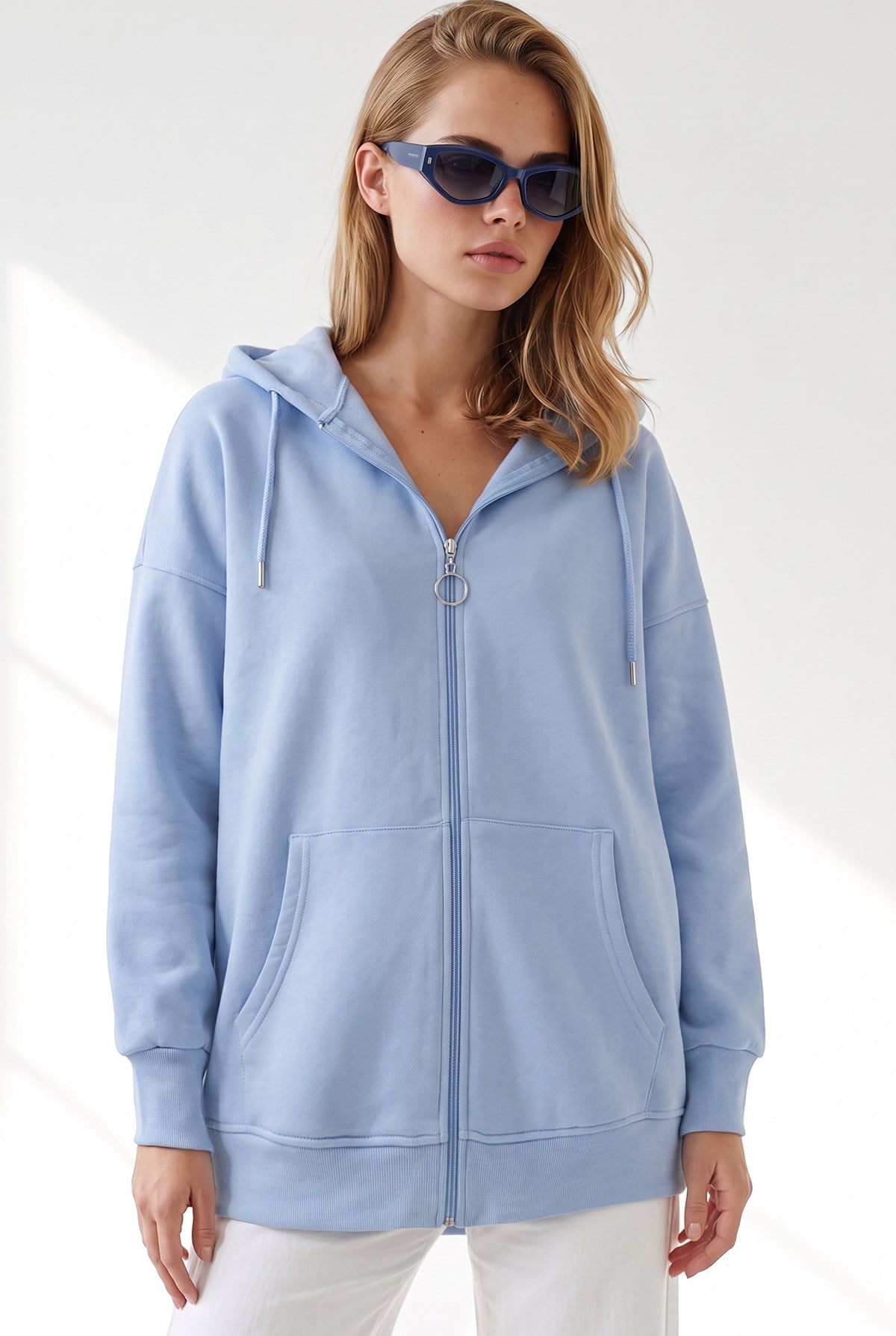 Kapüşonlu Kanguru Cepli Oversize Şardonlu Basic Sweatshirt Bebe Mavi