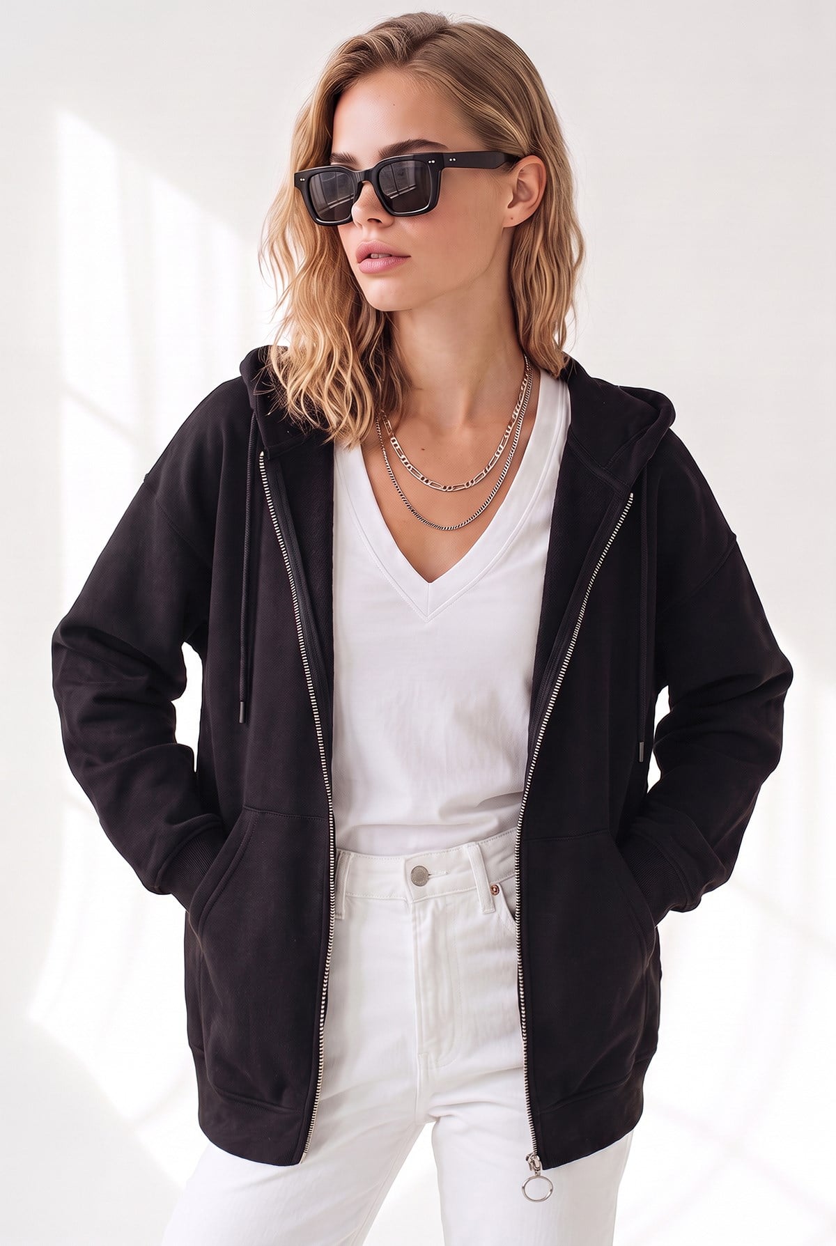 Kapüşonlu Kanguru Cepli Oversize Şardonlu Basic Sweatshirt Siyah