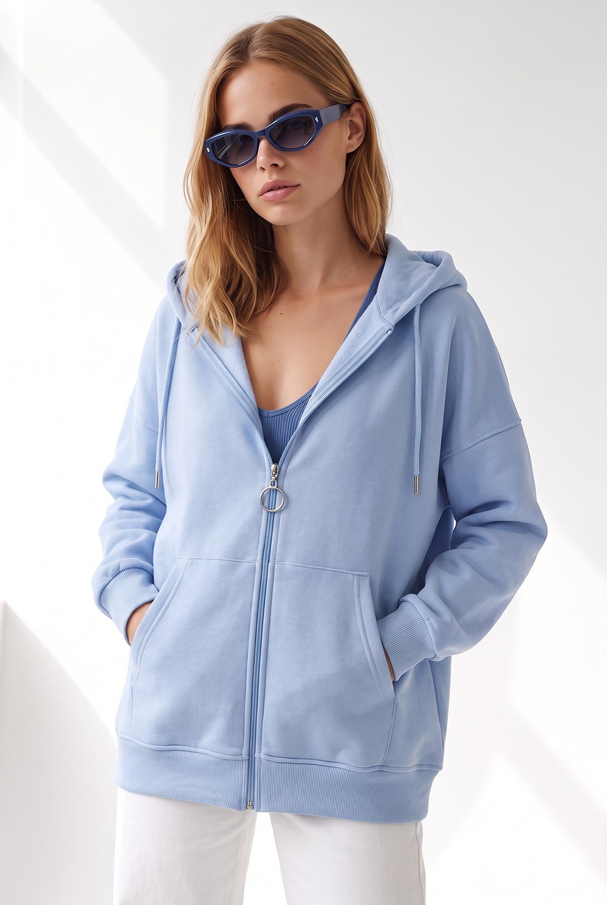 Kapüşonlu Kanguru Cepli Oversize Şardonlu Basic Sweatshirt Bebe Mavi