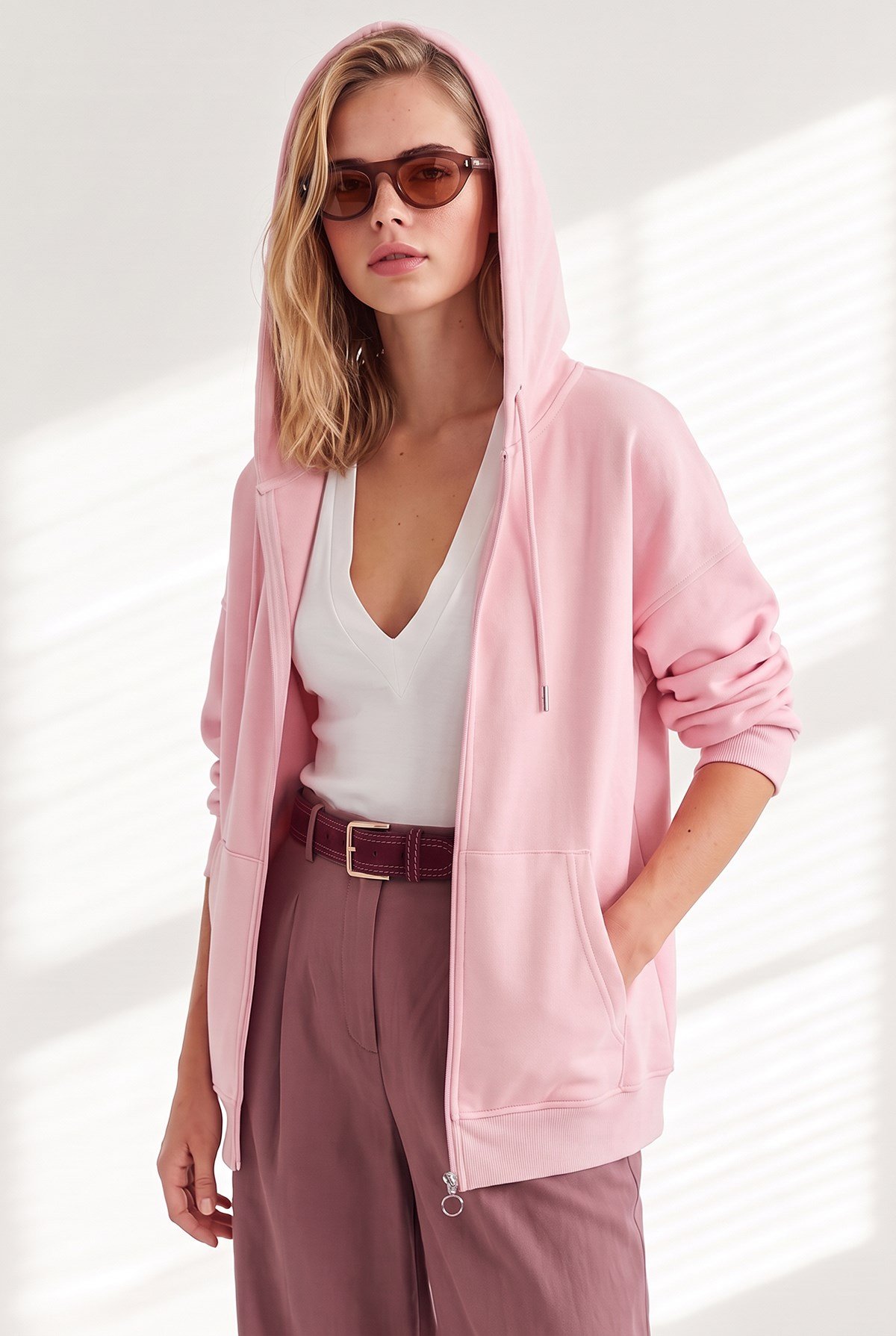 Kapüşonlu Kanguru Cepli Oversize Şardonlu Basic Sweatshirt Pembe