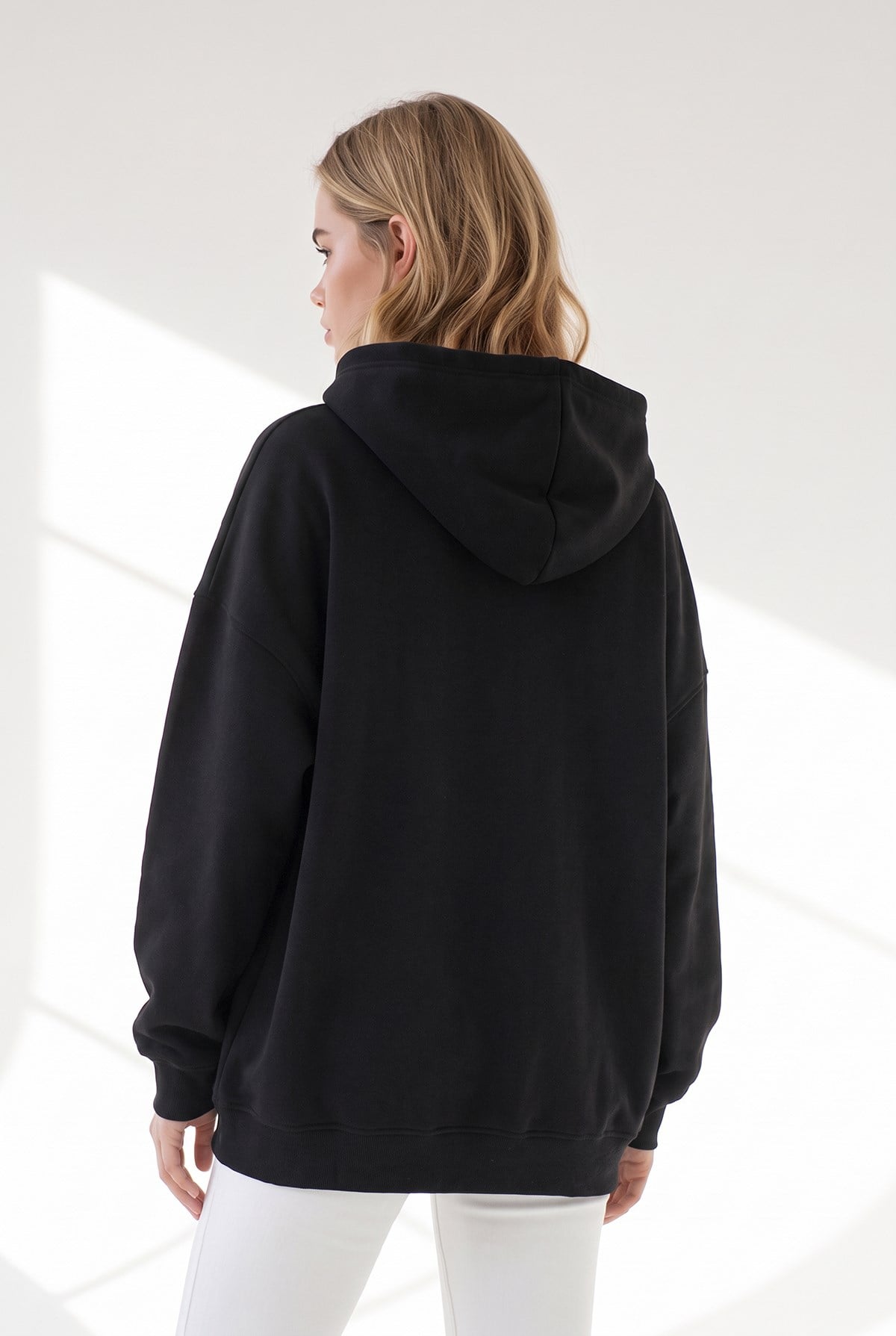 Kapüşonlu Kanguru Cepli Oversize Şardonlu Basic Sweatshirt Siyah