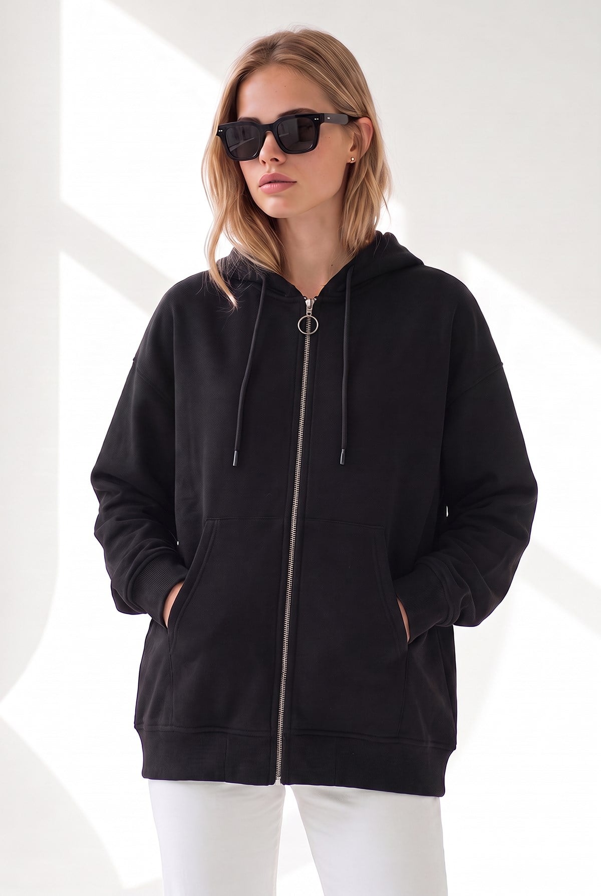 Kapüşonlu Kanguru Cepli Oversize Şardonlu Basic Sweatshirt Siyah