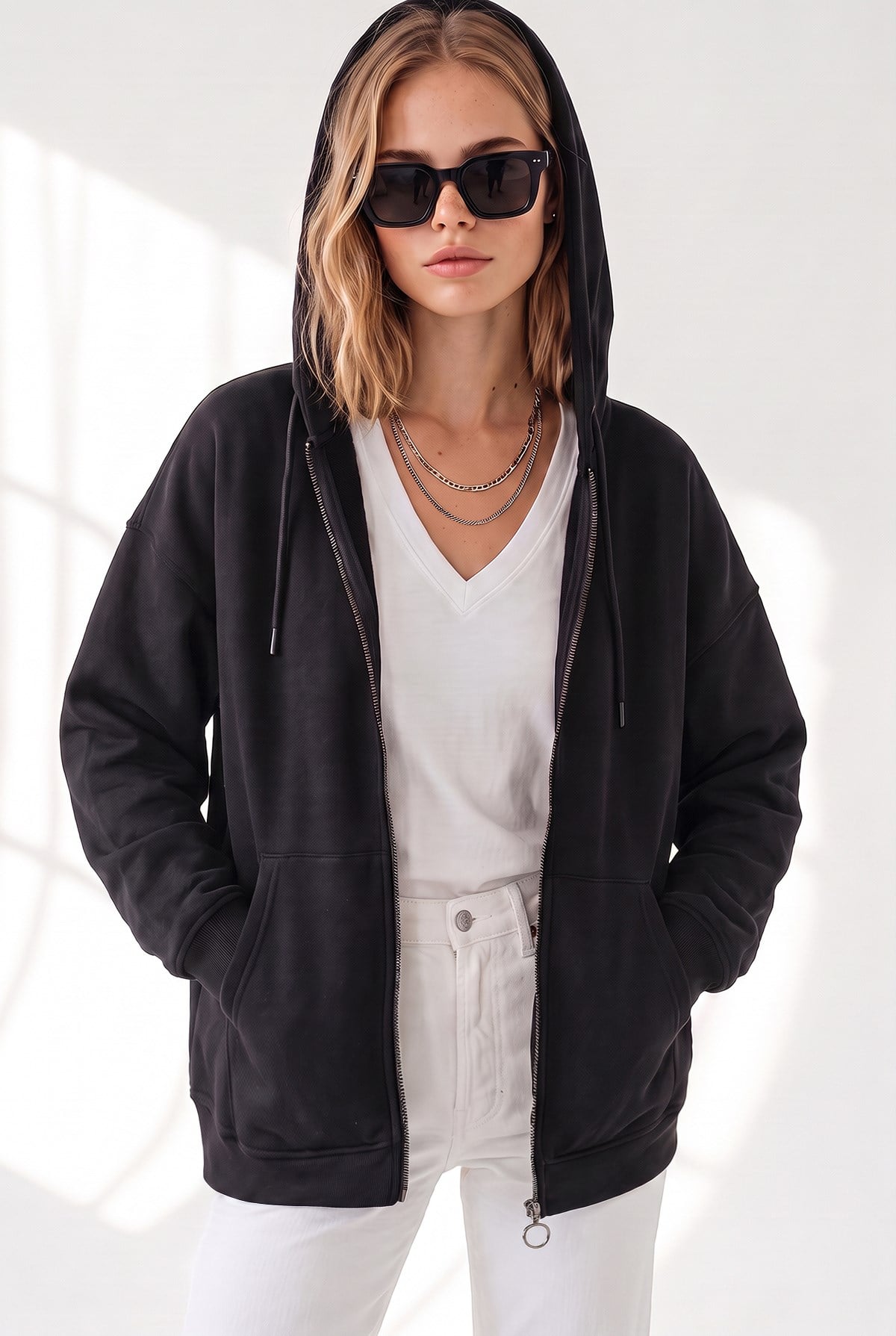 Kapüşonlu Kanguru Cepli Oversize Şardonlu Basic Sweatshirt Siyah