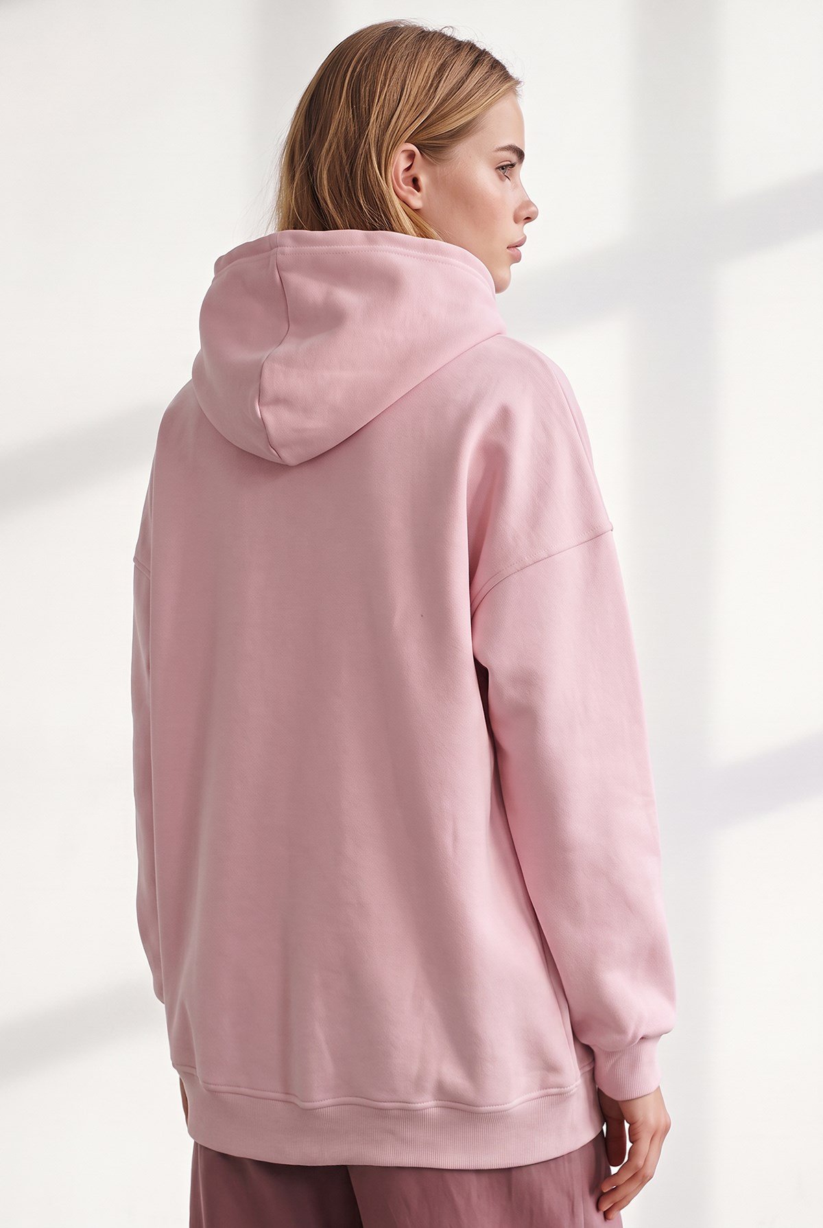 Kapüşonlu Kanguru Cepli Oversize Şardonlu Basic Sweatshirt Pembe