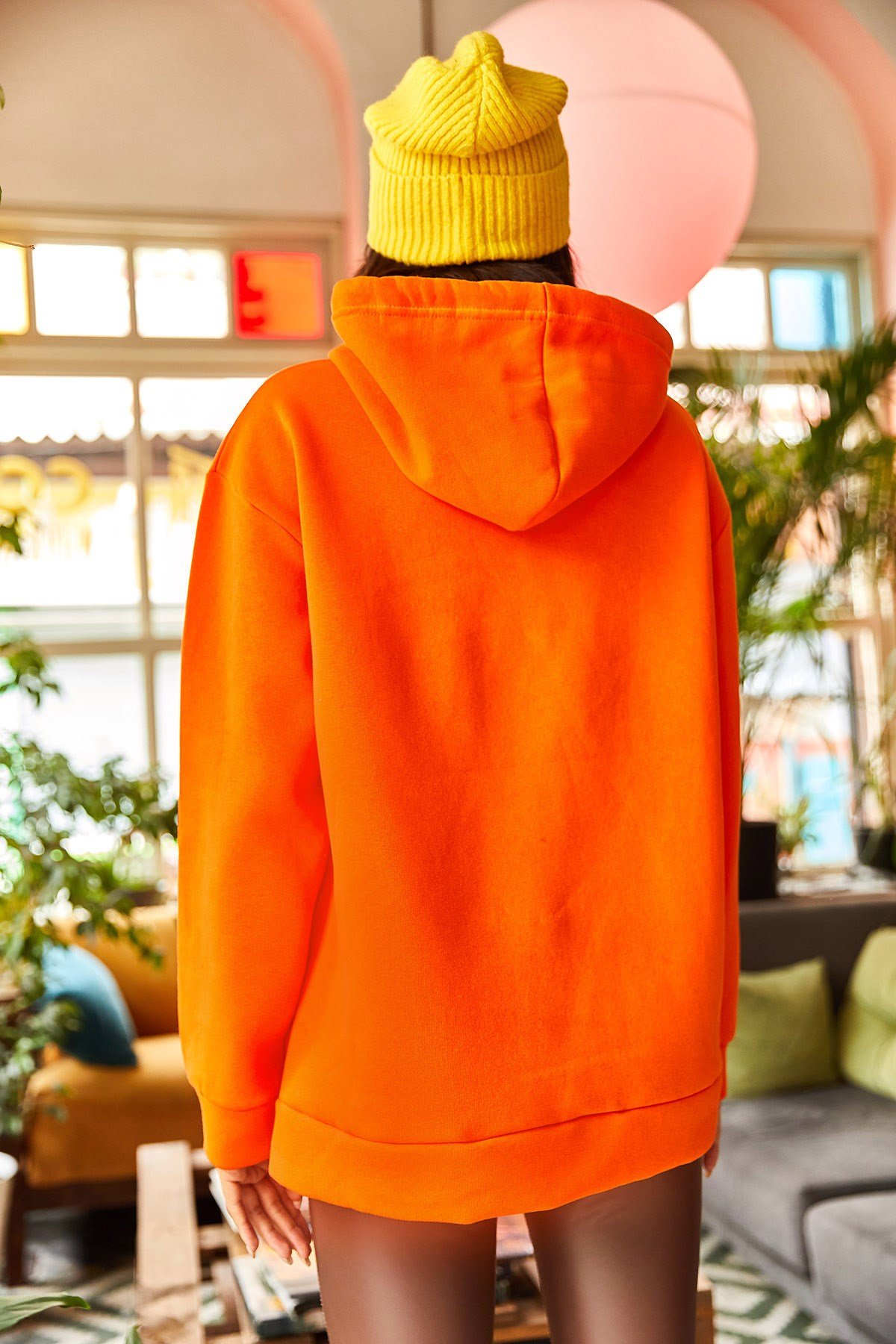 Kapüşonlu Kedi Nakışlı Şardonlu Kalın Sweatshirt Turuncu