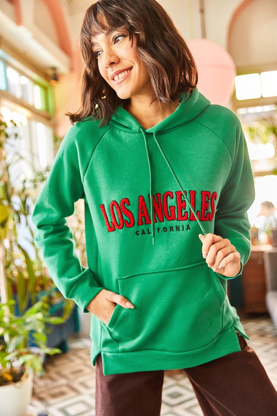 Kapüşonlu Punch Aplikeli İçi Polarlı Oversize Sweatshirt Çimen Yeşili