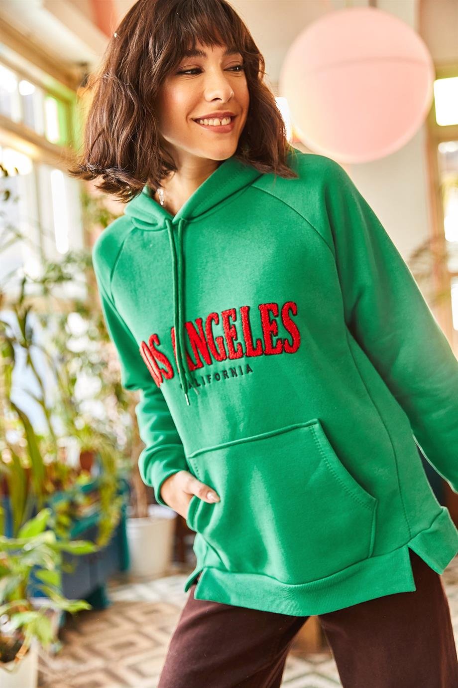 Kapüşonlu Punch Aplikeli İçi Polarlı Oversize Sweatshirt Çimen Yeşili