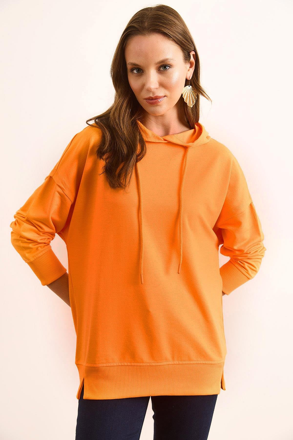 Kapüşonlu Yumuşak Dokulu 2 İp Sweatshirt Turuncu