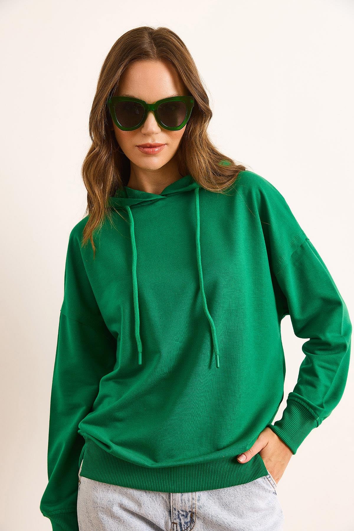 Kapüşonlu Yumuşak Dokulu 2 İp Sweatshirt Yeşil