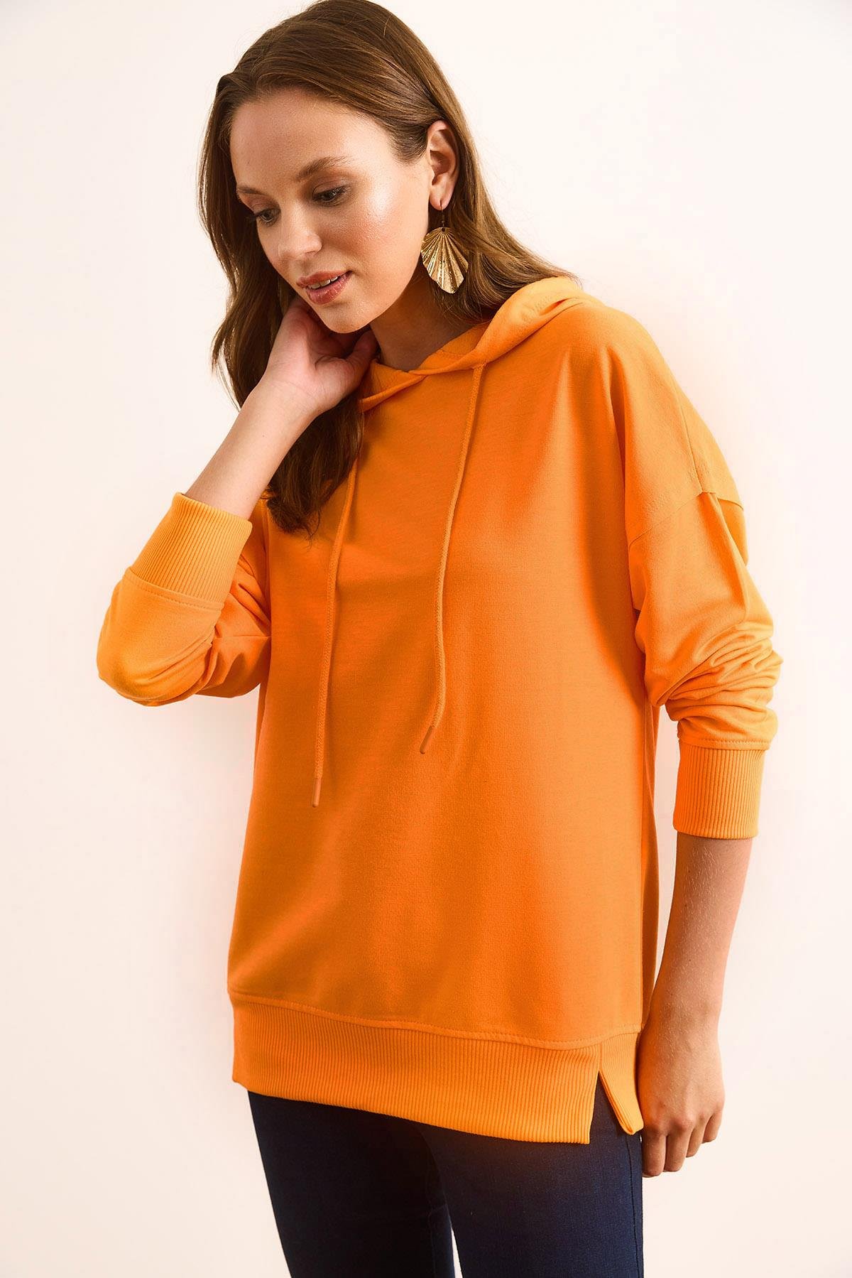 Kapüşonlu Yumuşak Dokulu 2 İp Sweatshirt Turuncu