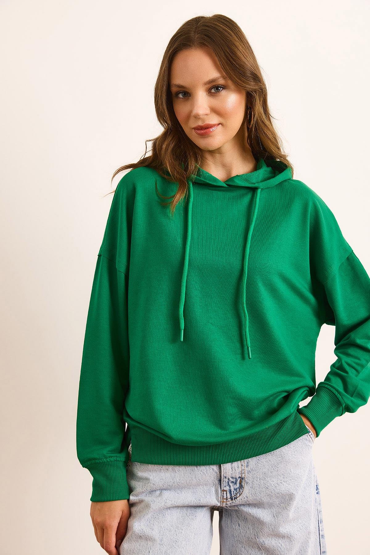 Kapüşonlu Yumuşak Dokulu 2 İp Sweatshirt Yeşil