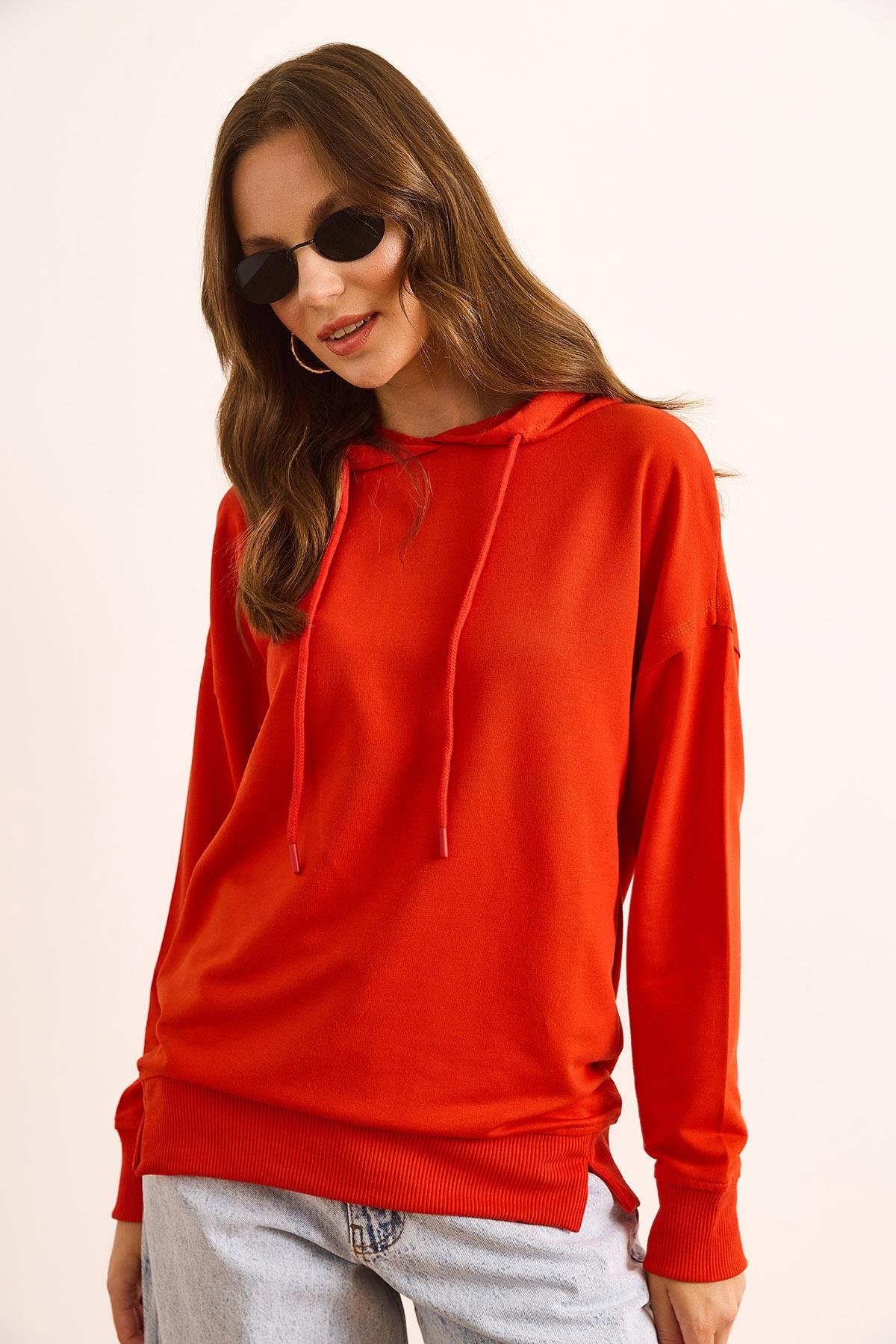 Kapüşonlu Yumuşak Dokulu 2 İp Sweatshirt Mercan