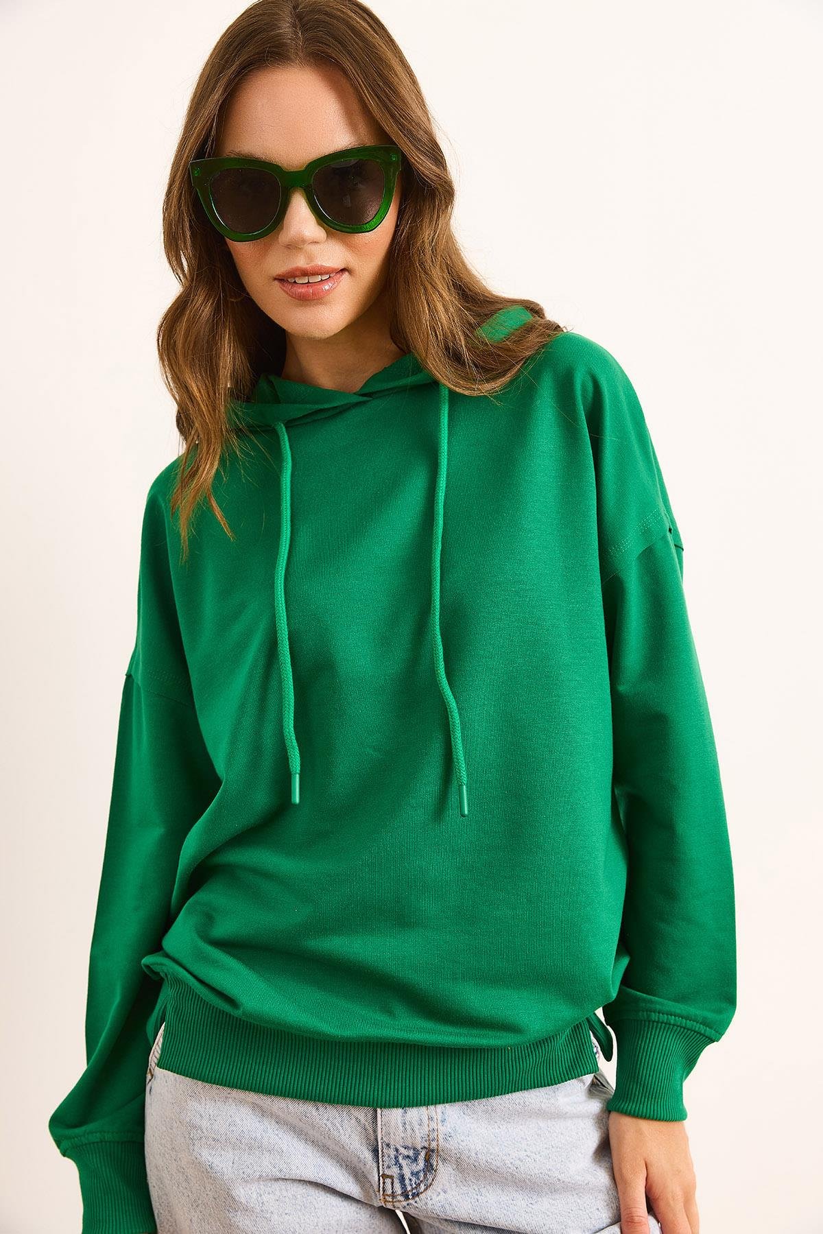 Kapüşonlu Yumuşak Dokulu 2 İp Sweatshirt Yeşil