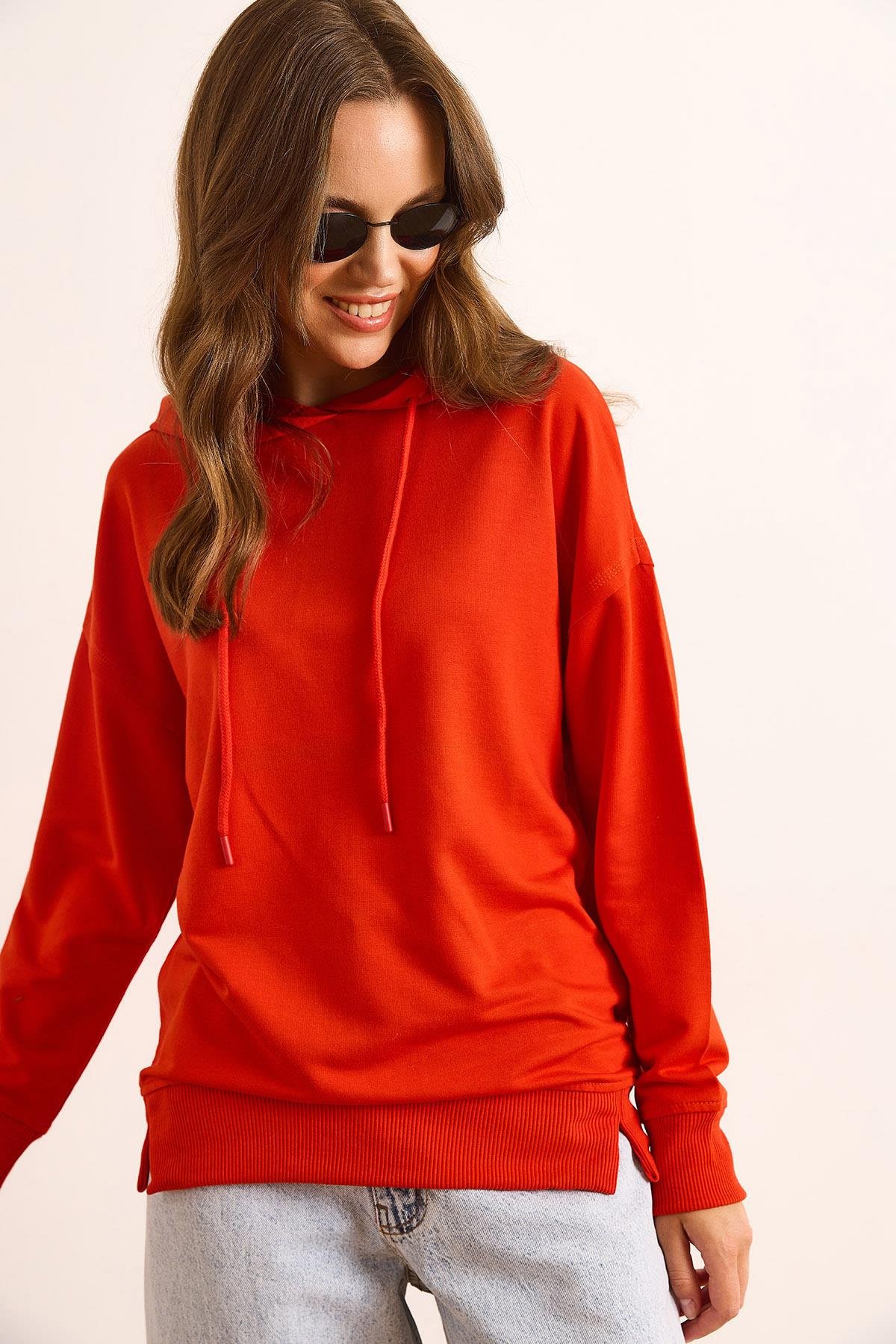 Kapüşonlu Yumuşak Dokulu 2 İp Sweatshirt Mercan