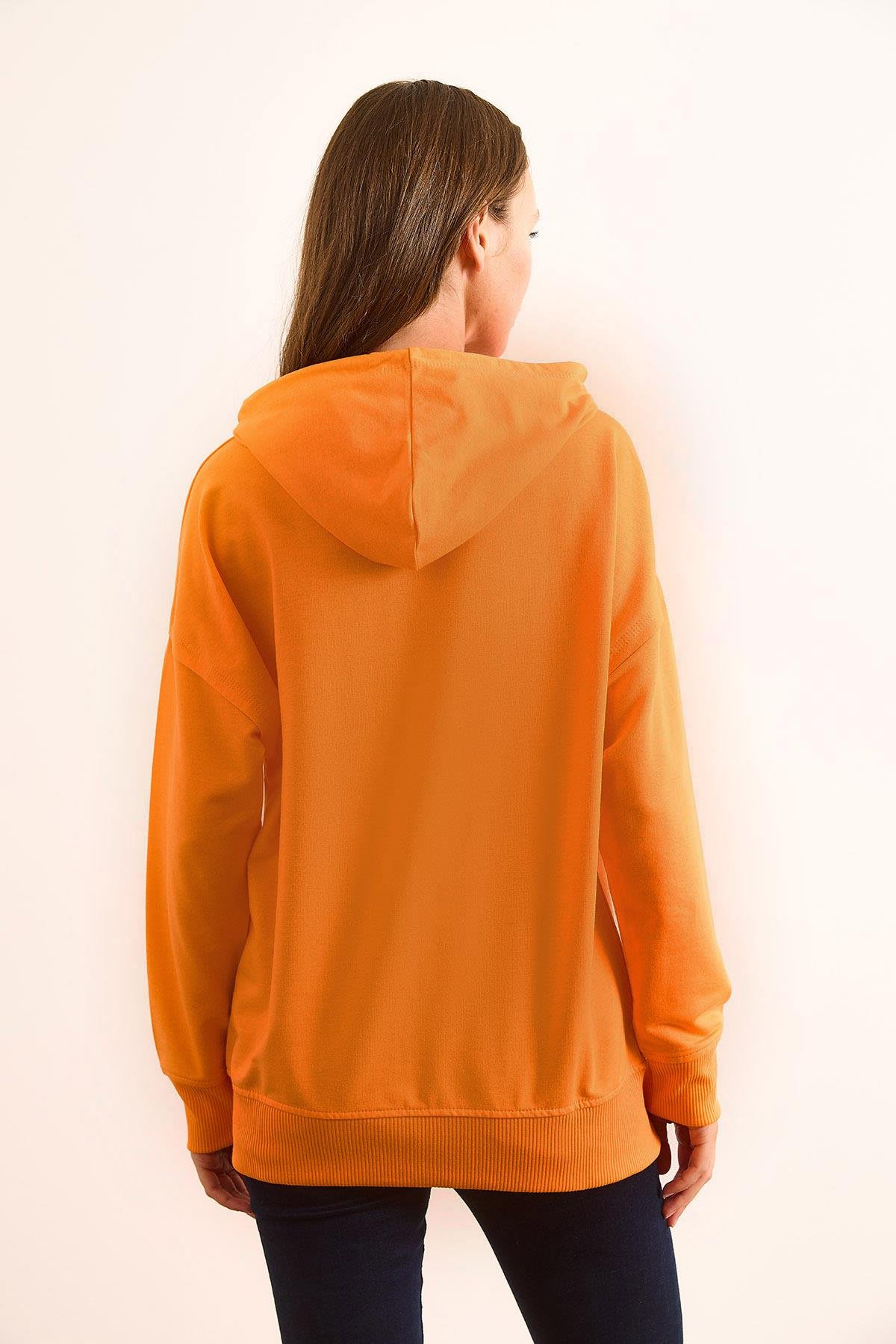 Kapüşonlu Yumuşak Dokulu 2 İp Sweatshirt Turuncu