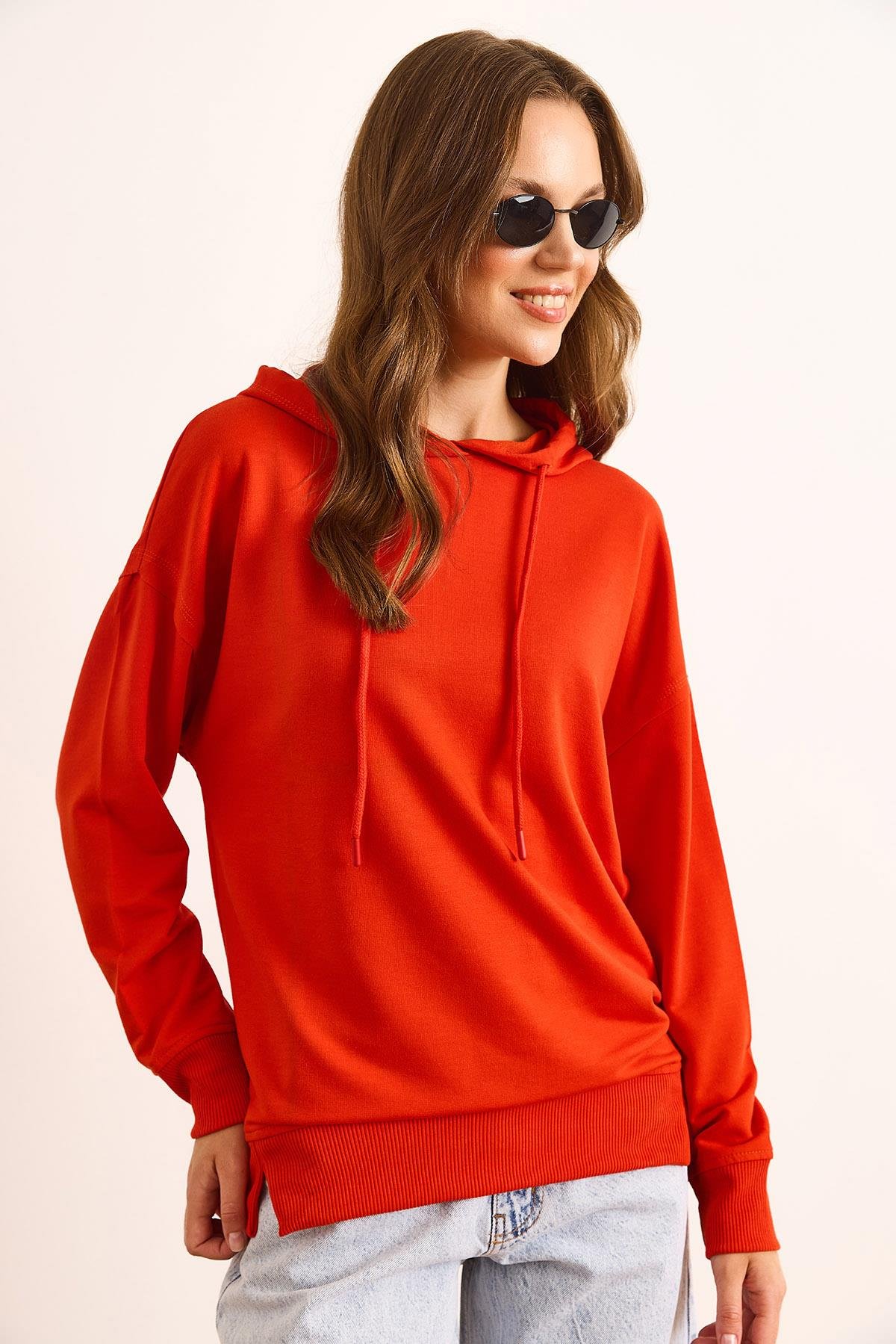 Kapüşonlu Yumuşak Dokulu 2 İp Sweatshirt Mercan