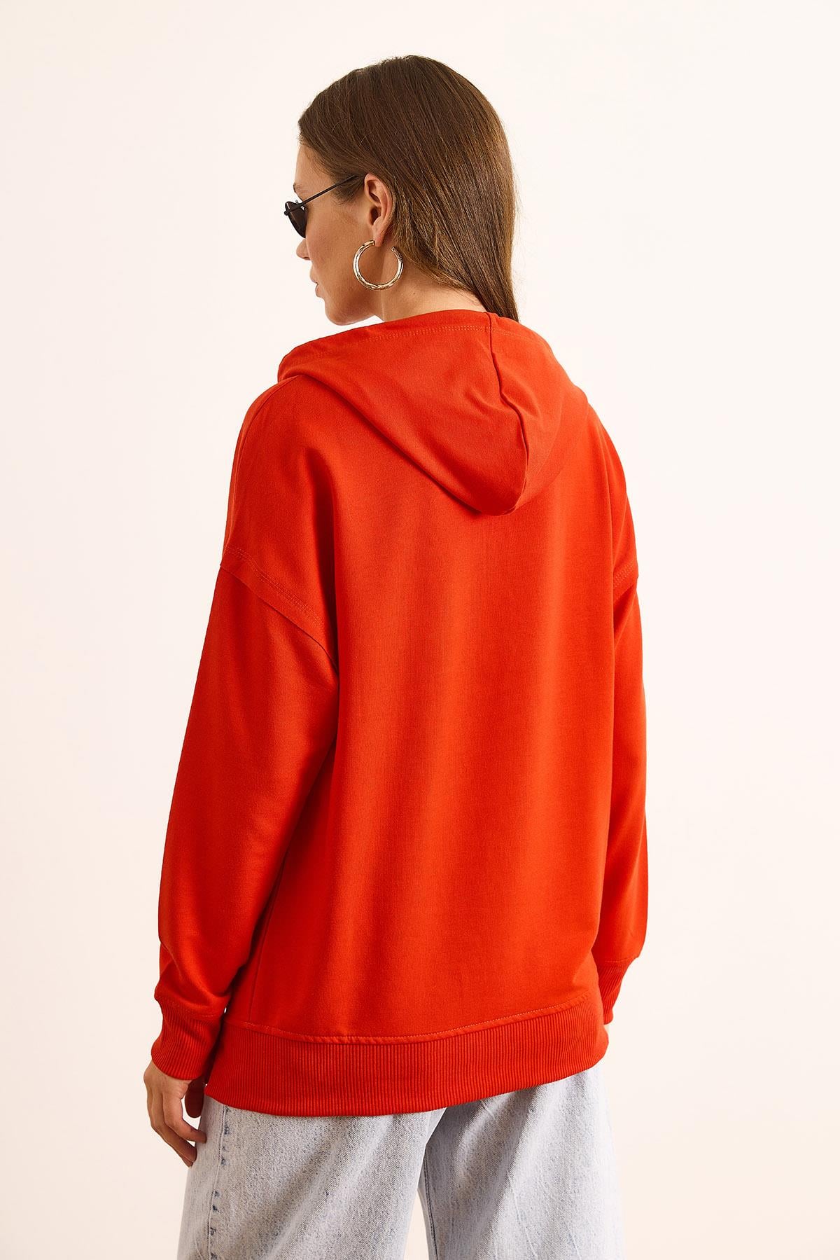 Kapüşonlu Yumuşak Dokulu 2 İp Sweatshirt Mercan