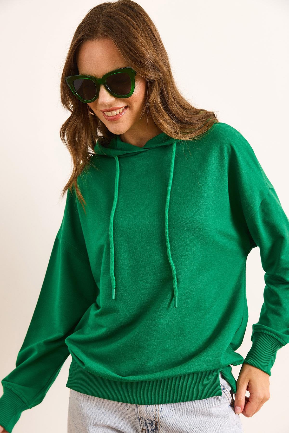 Kapüşonlu Yumuşak Dokulu 2 İp Sweatshirt Yeşil