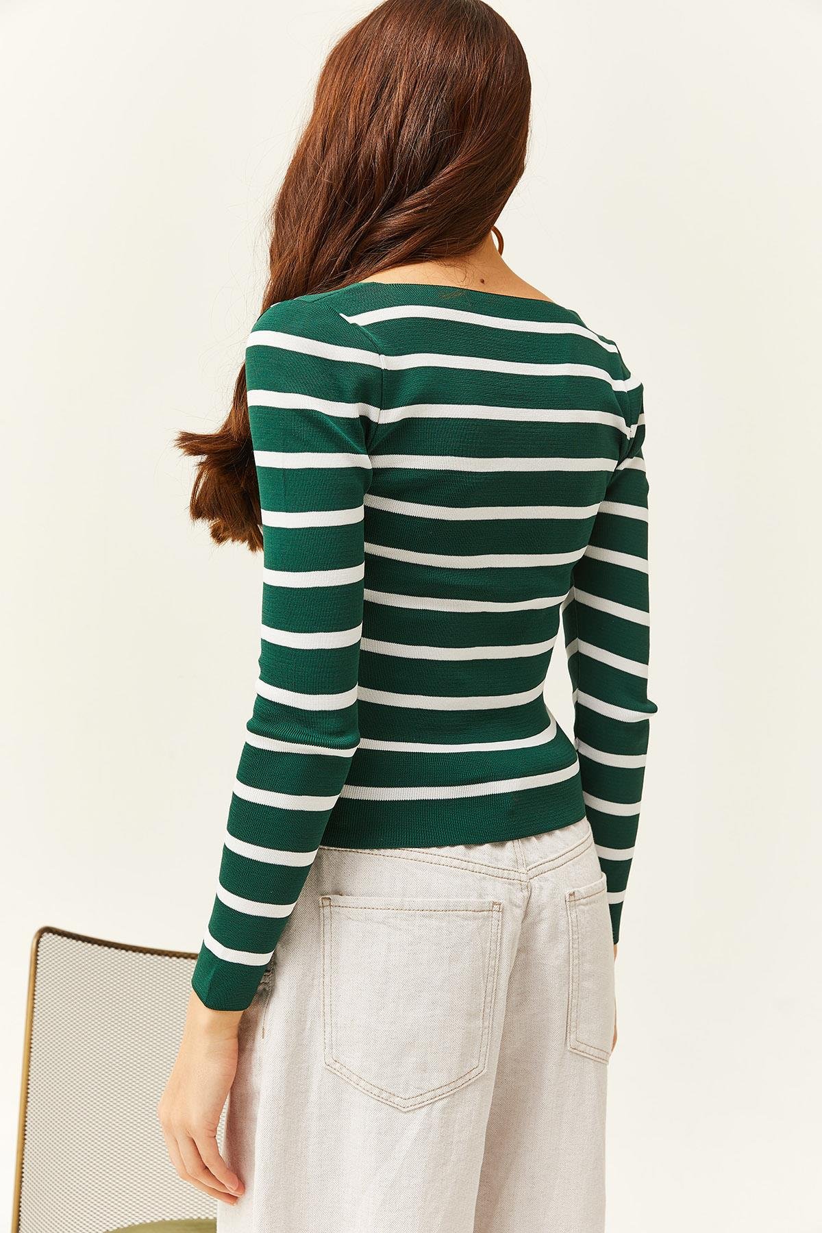 Kare Yaka Crop Basic Triko Bluz Çizgili Zümrüt Yeşil