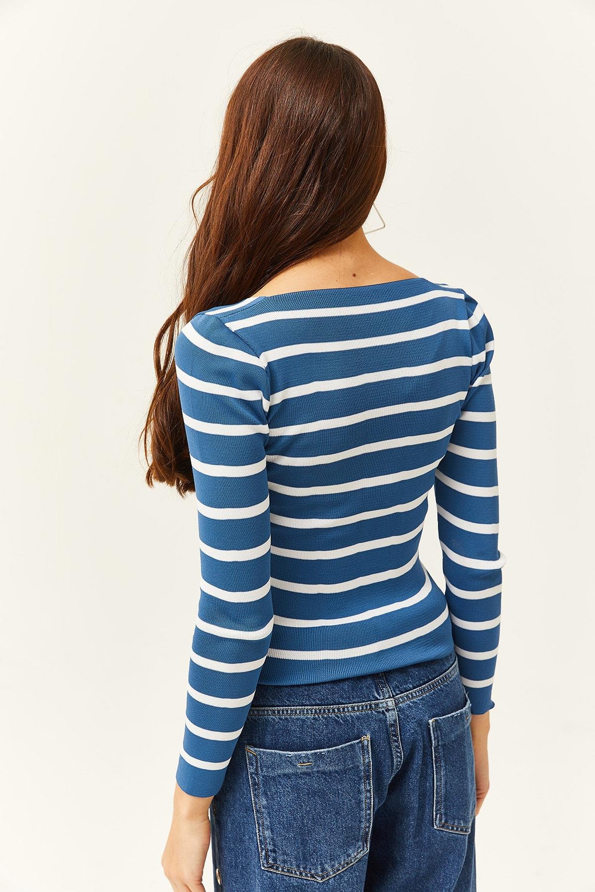 Kare Yaka Crop Basic Triko Bluz Çizgili İndigo