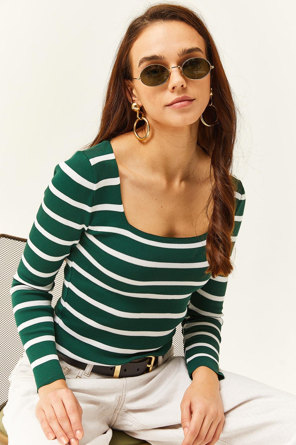 Kare Yaka Crop Basic Triko Bluz Çizgili Zümrüt Yeşil