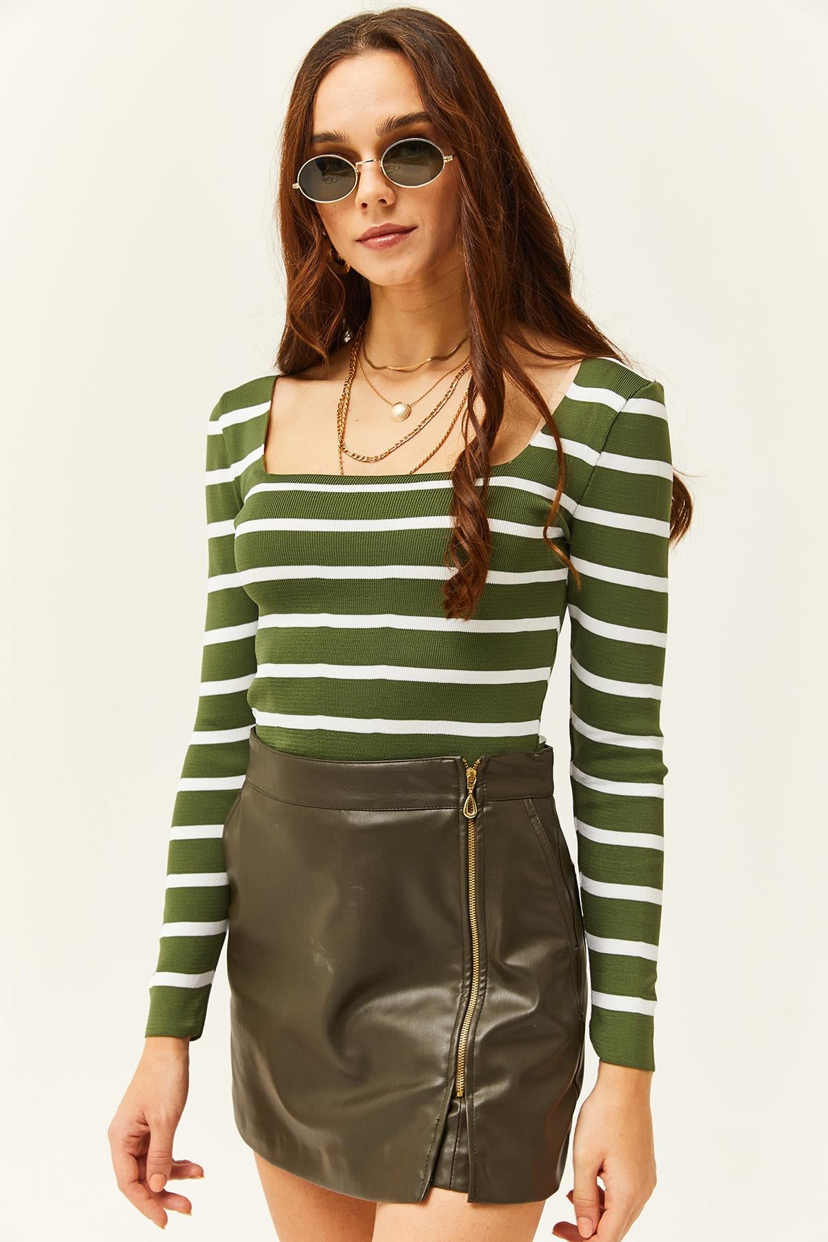 Kare Yaka Crop Basic Triko Bluz Çizgili Haki