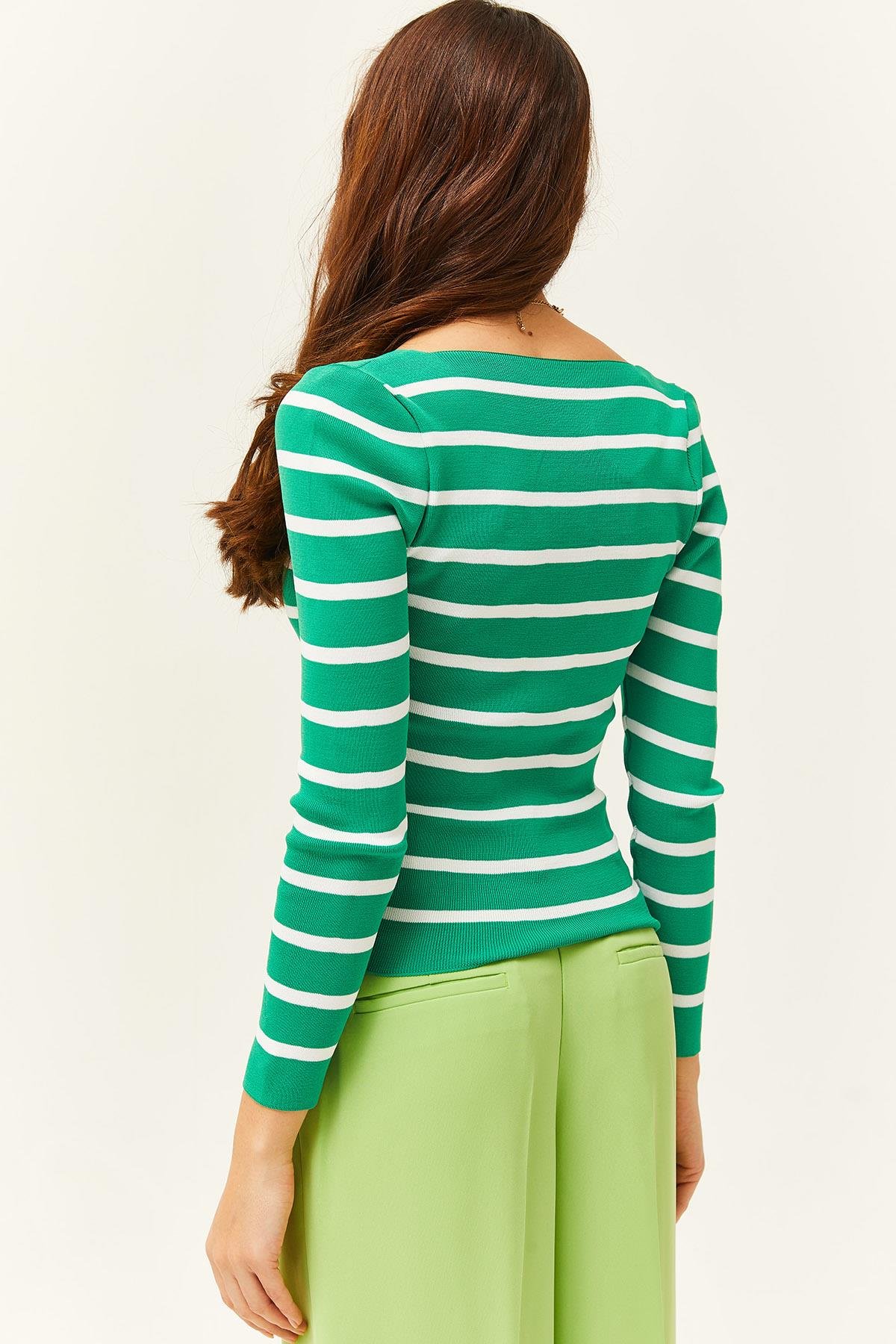 Kare Yaka Crop Basic Triko Bluz Çizgili Çimen Yeşili