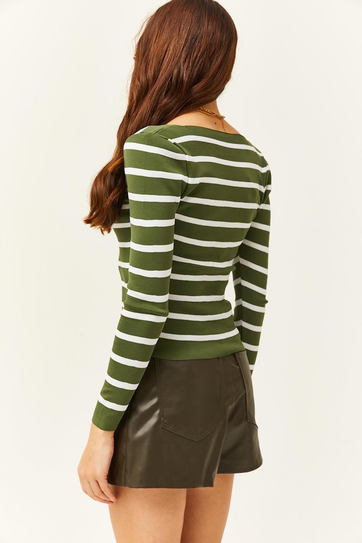 Kare Yaka Crop Basic Triko Bluz Çizgili Haki