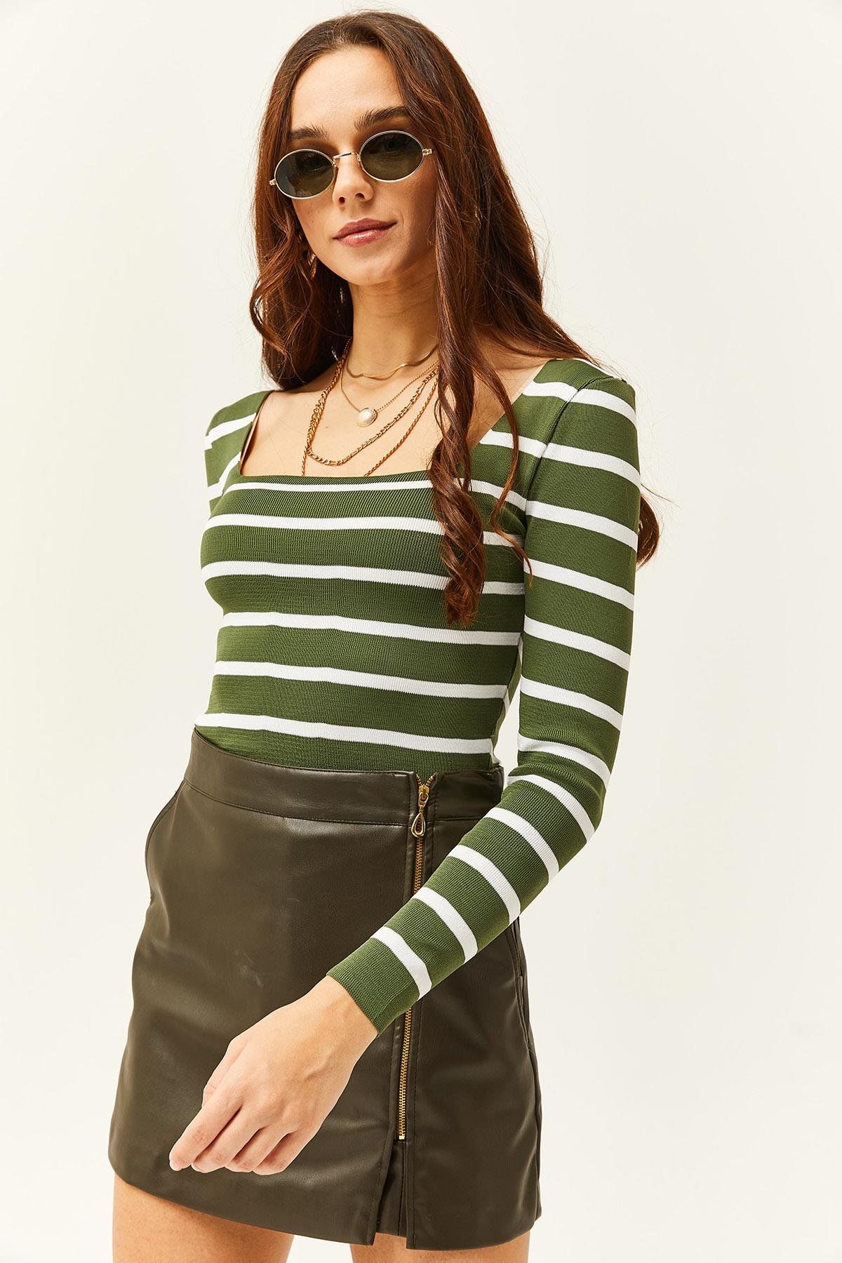 Kare Yaka Crop Basic Triko Bluz Çizgili Haki