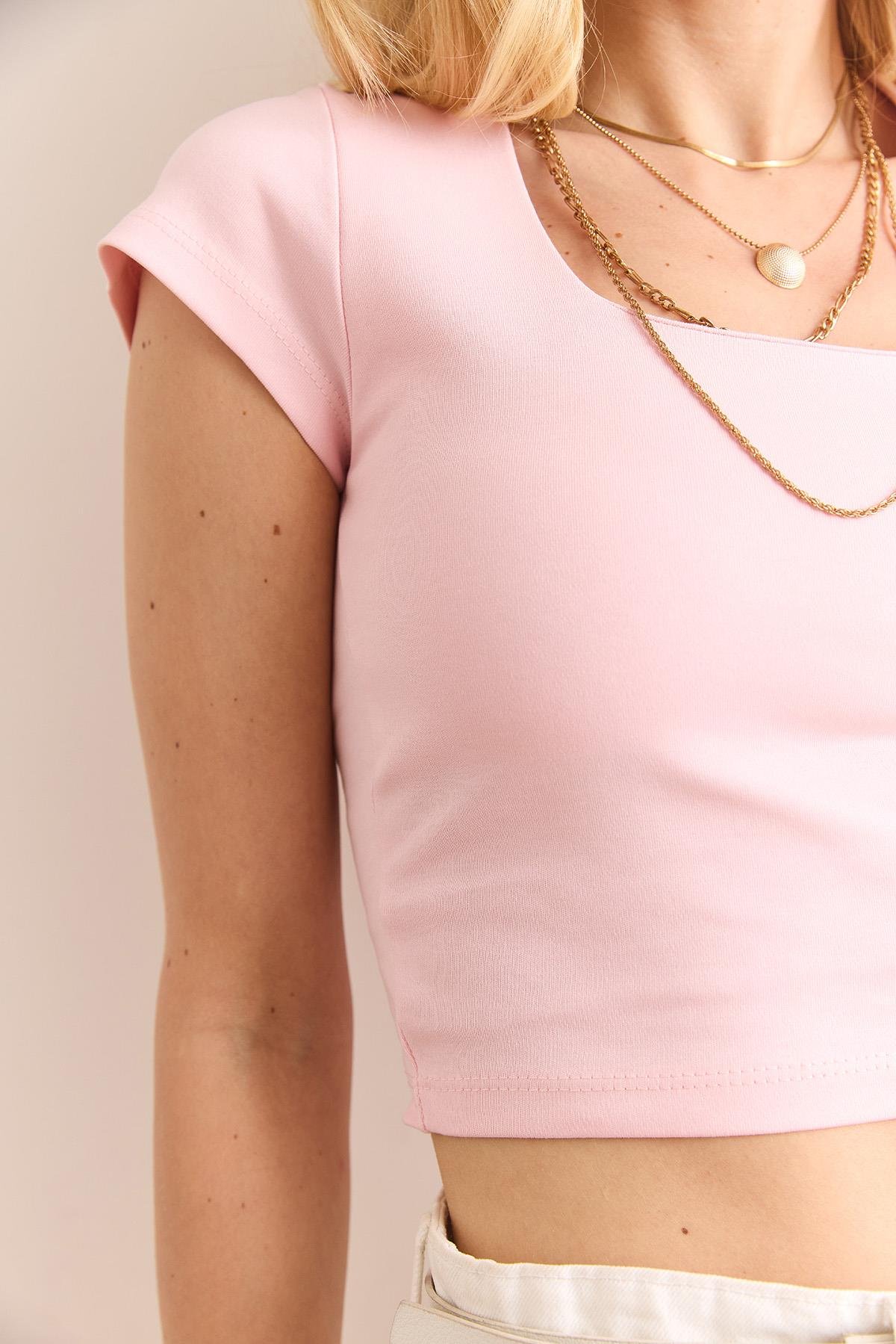 Kare Yaka Crop İnterlok Bluz Pembe