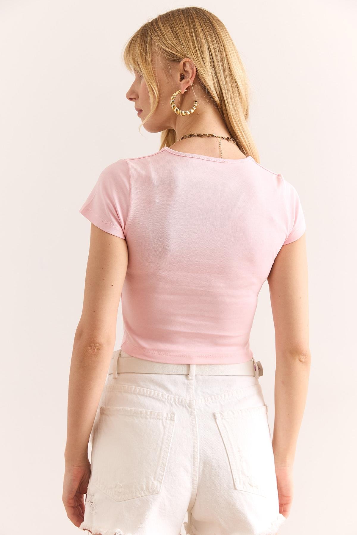Kare Yaka Crop İnterlok Bluz Pembe