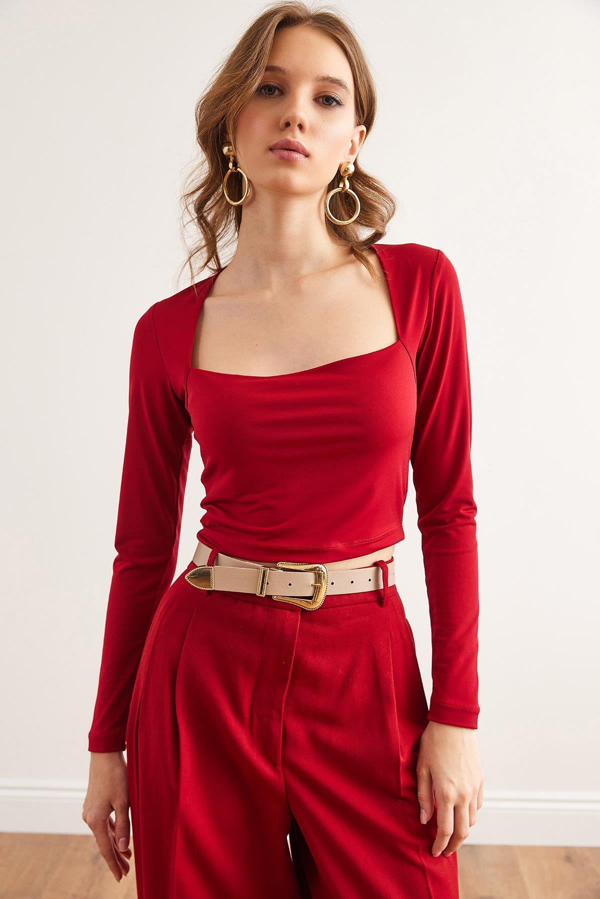 Kare Yaka Crop Sandy Bluz Bordo