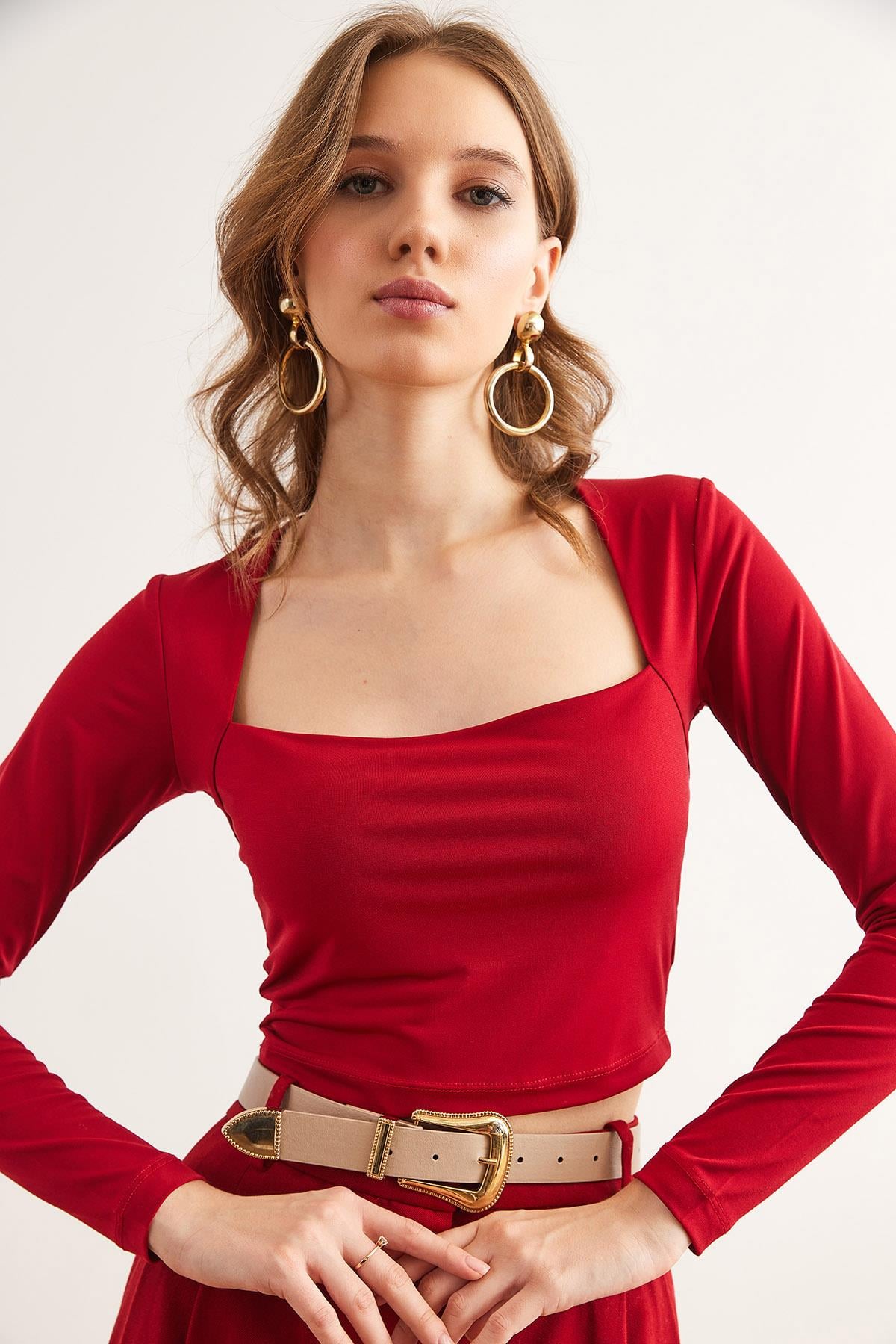 Kare Yaka Crop Sandy Bluz Bordo