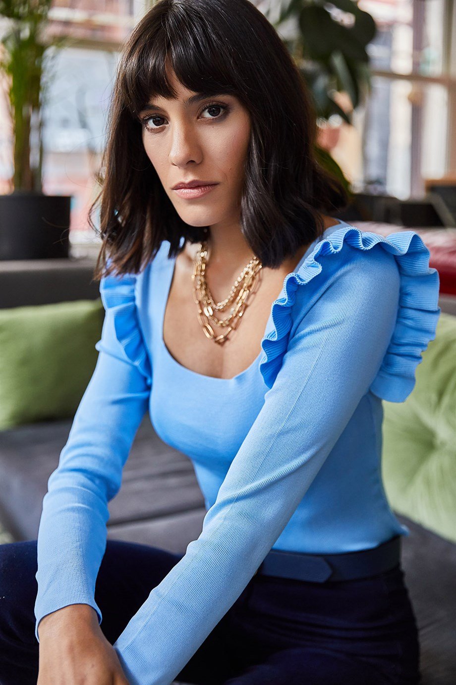 Kare Yaka Fırfırlı Triko Bluz Bebe Mavi