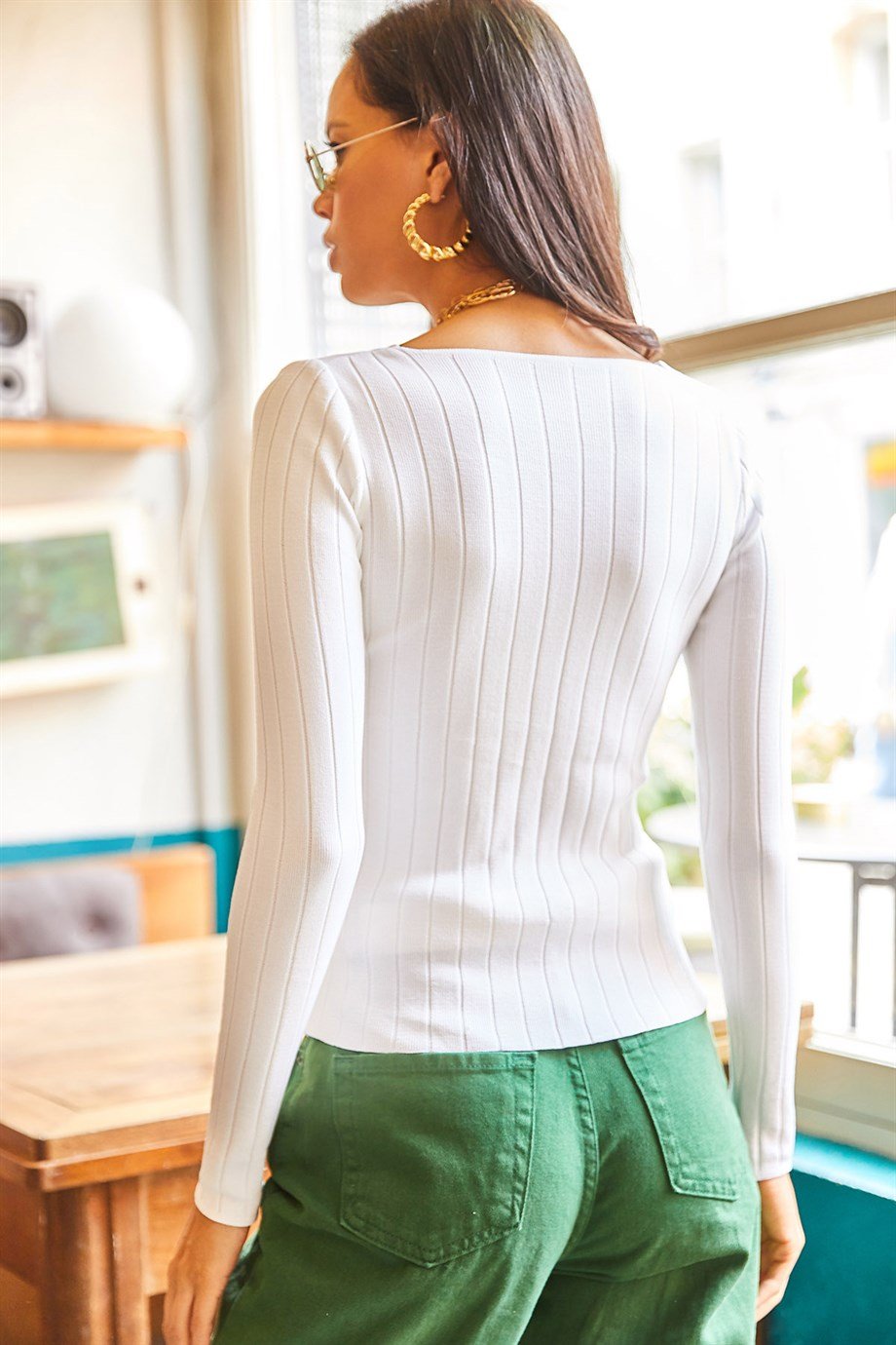 Kare Yaka Kalın Fitilli Triko Kazak Ekru