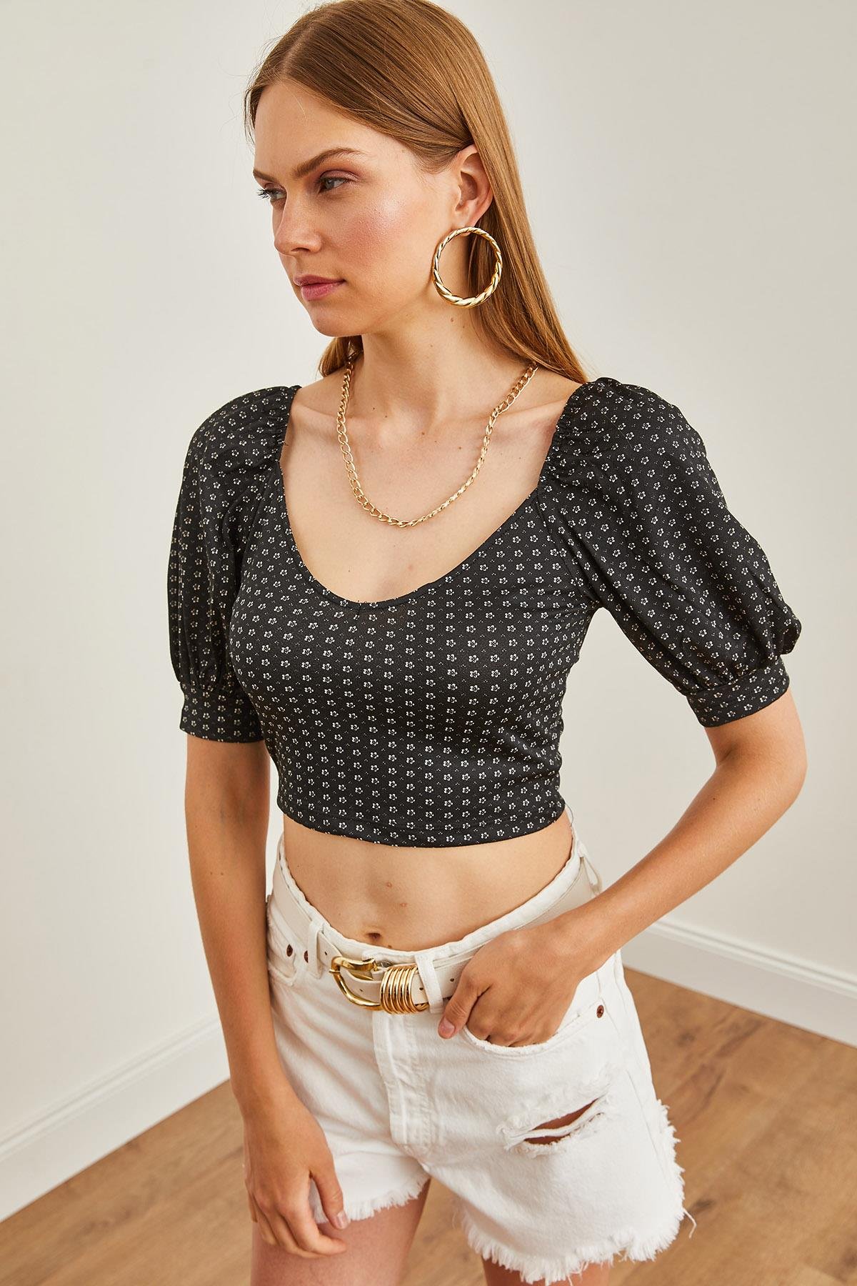 Karpuz Kol Crop Bluz Siyah