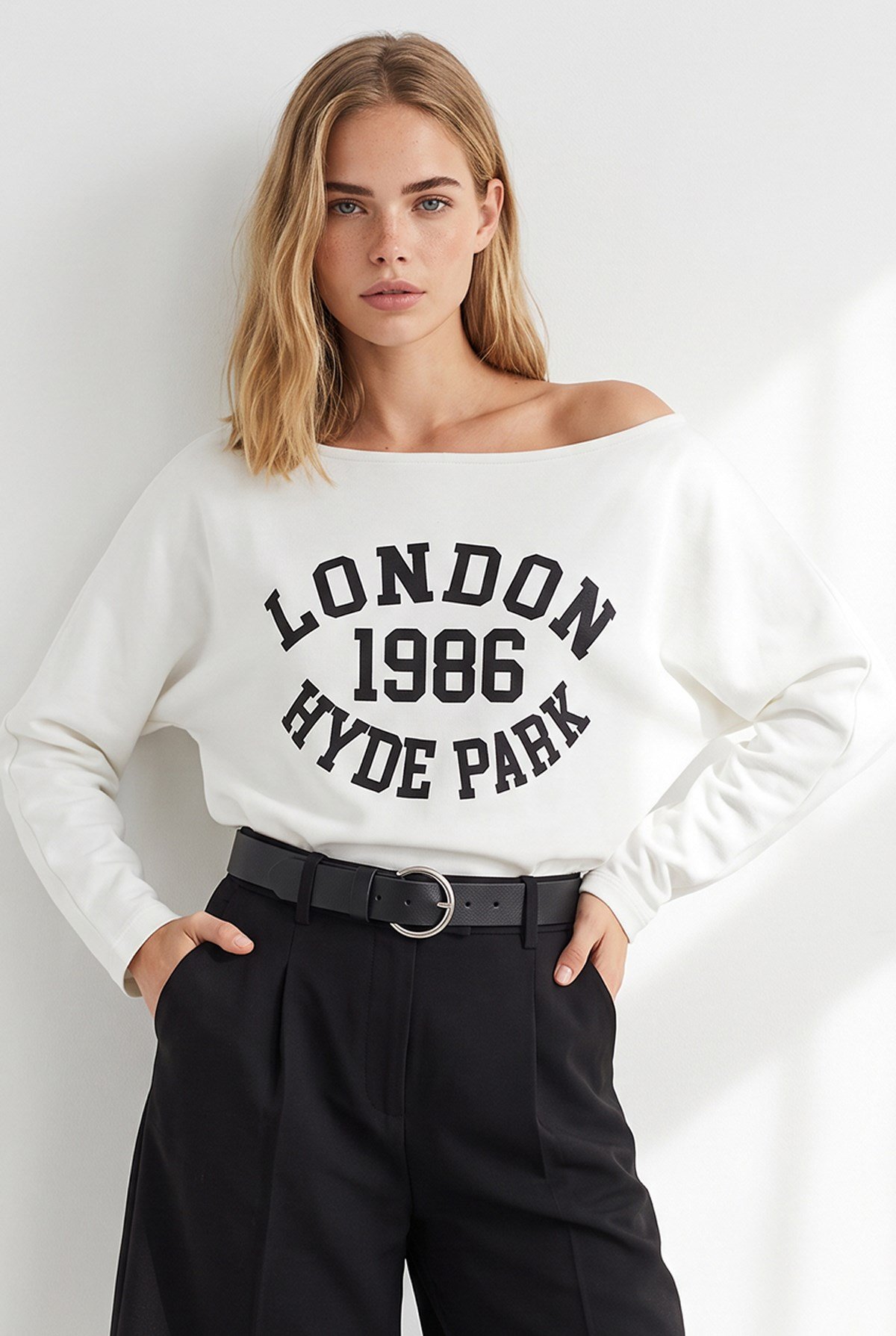 Kayık Yaka Baskılı Modal Tuşeli İnce Sweatshirt Beyaz