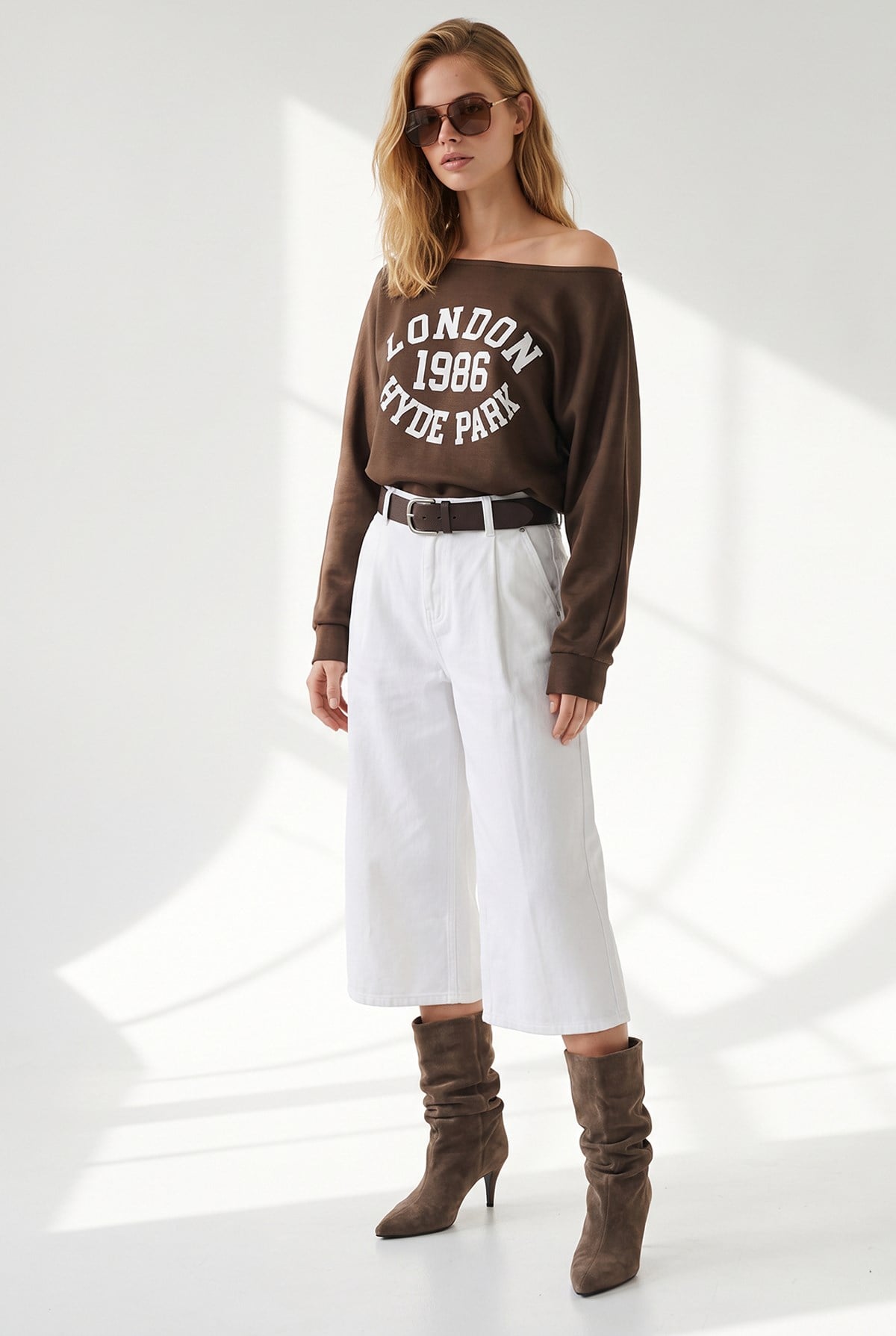 Kayık Yaka Baskılı Modal Tuşeli İnce Sweatshirt Kahverengi