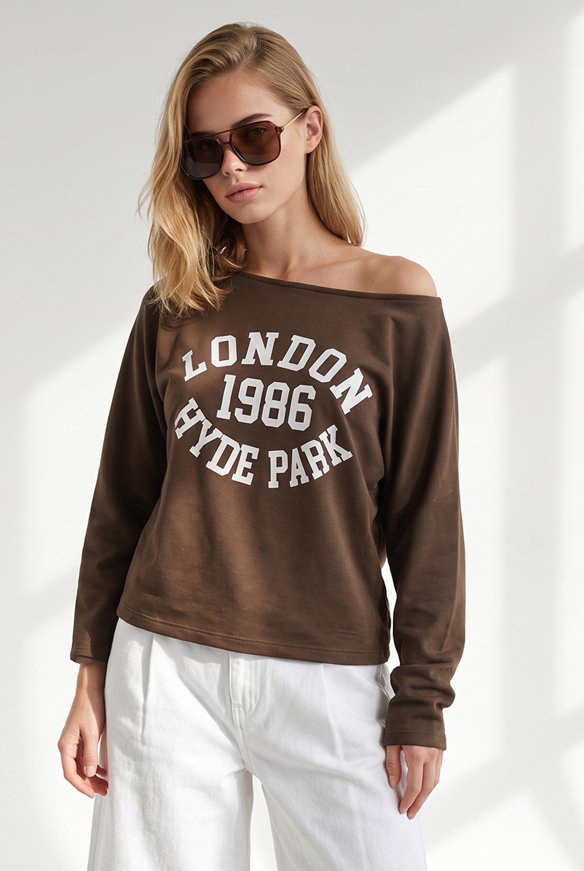 Kayık Yaka Baskılı Modal Tuşeli İnce Sweatshirt Kahverengi