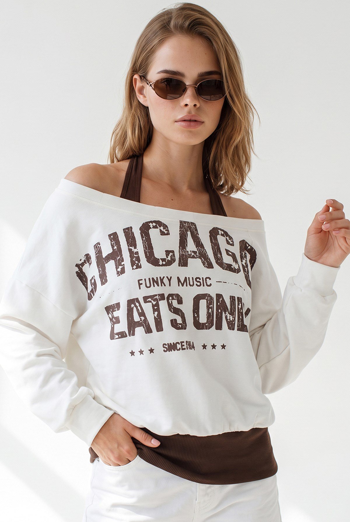 Kayık Yaka Çift Katmanlı Sweatshirt Beyaz