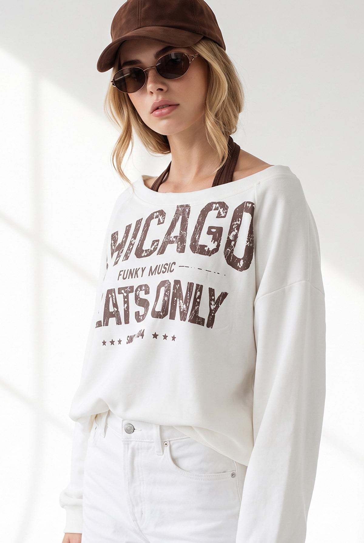 Kayık Yaka Çift Katmanlı Sweatshirt Beyaz