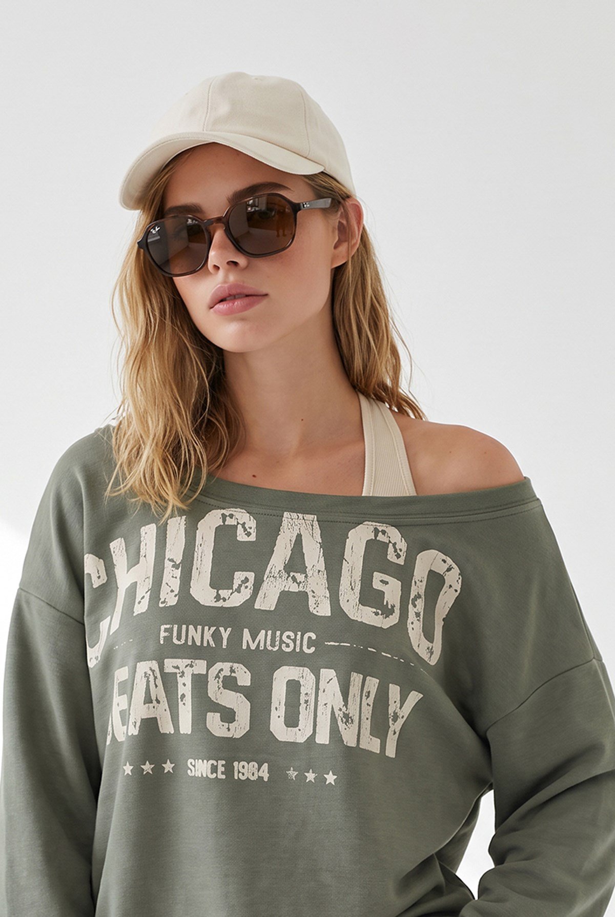 Kayık Yaka Çift Katmanlı Sweatshirt Haki