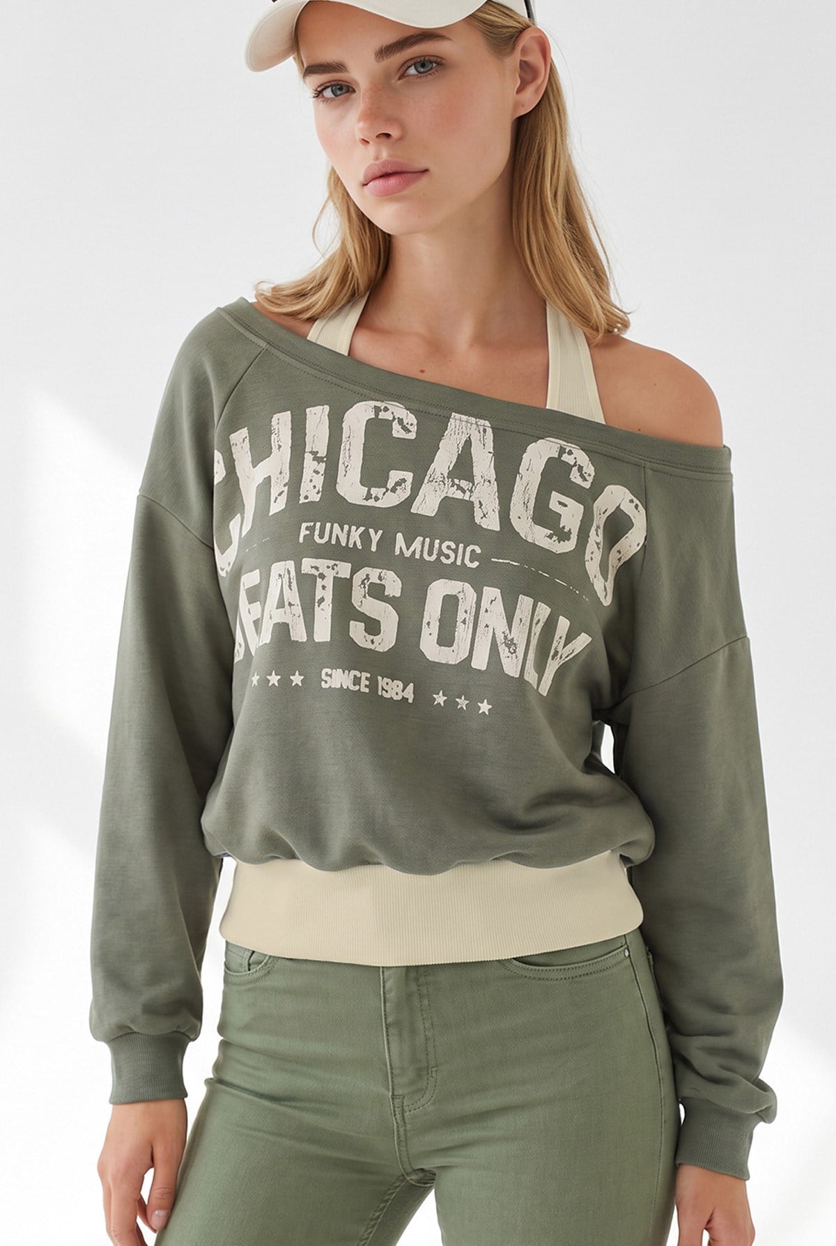 Kayık Yaka Çift Katmanlı Sweatshirt Haki