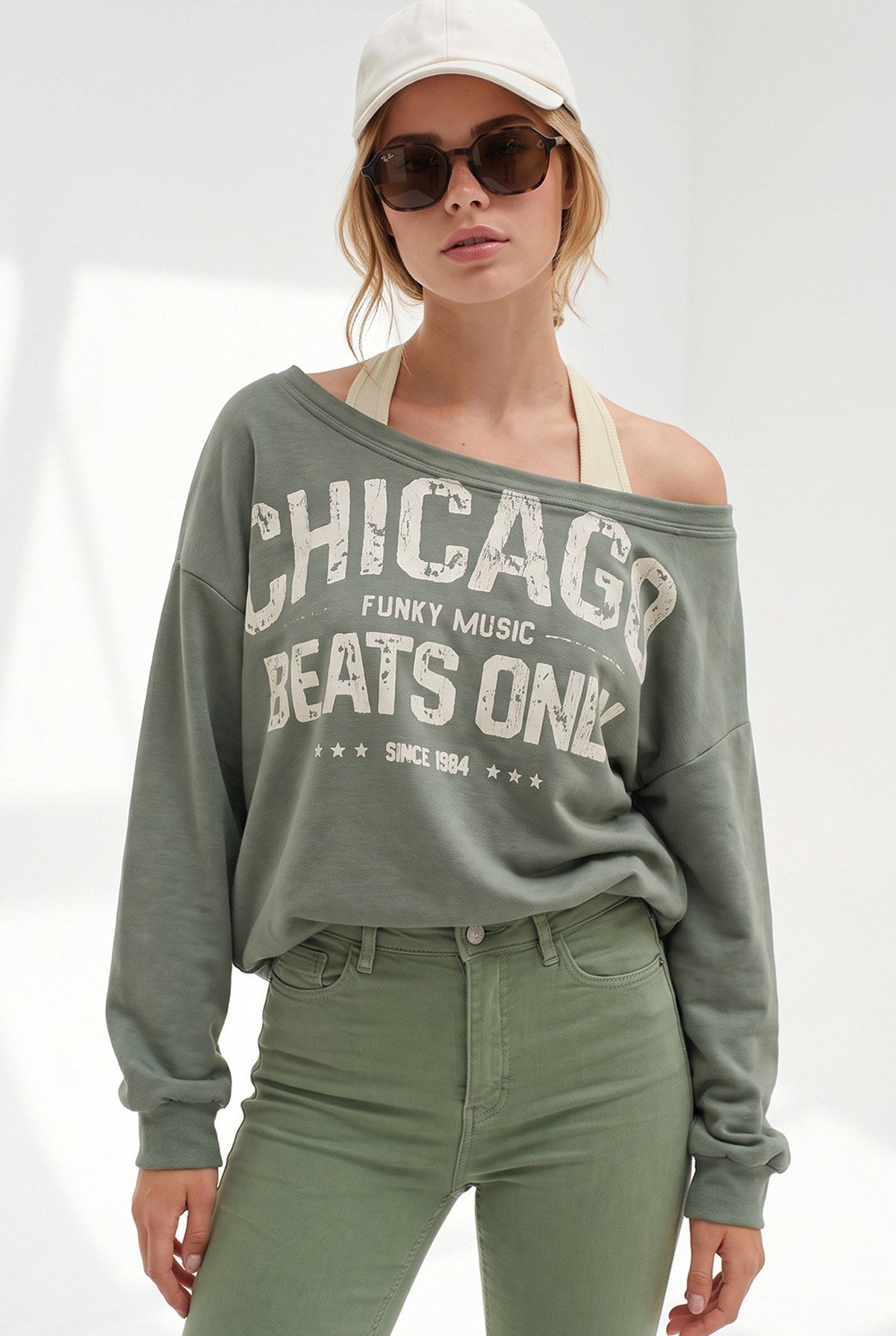 Kayık Yaka Çift Katmanlı Sweatshirt Haki