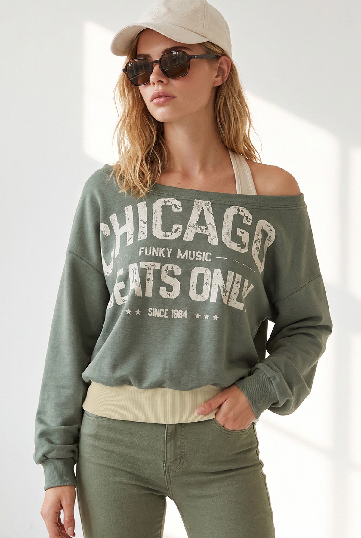 Kayık Yaka Çift Katmanlı Sweatshirt Haki