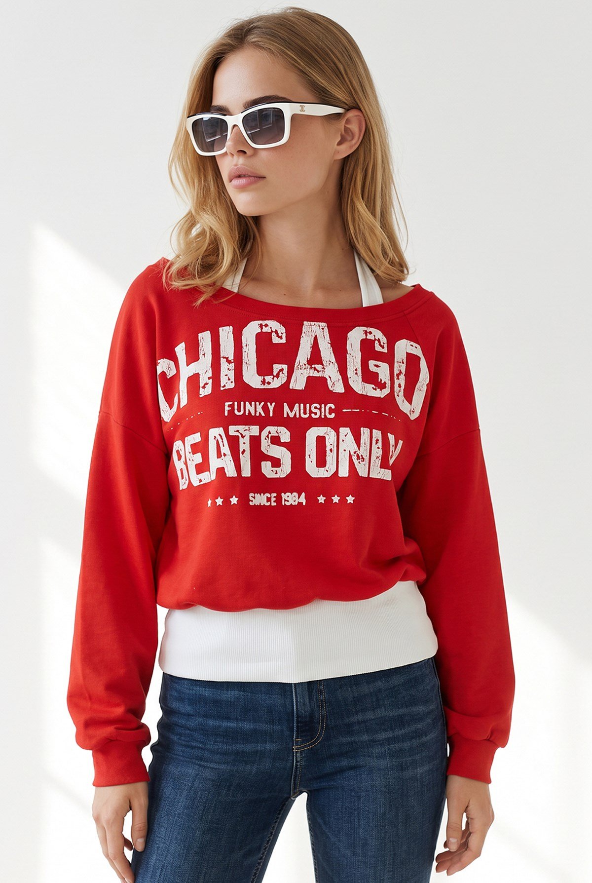 Kayık Yaka Çift Katmanlı Sweatshirt Kırmızı