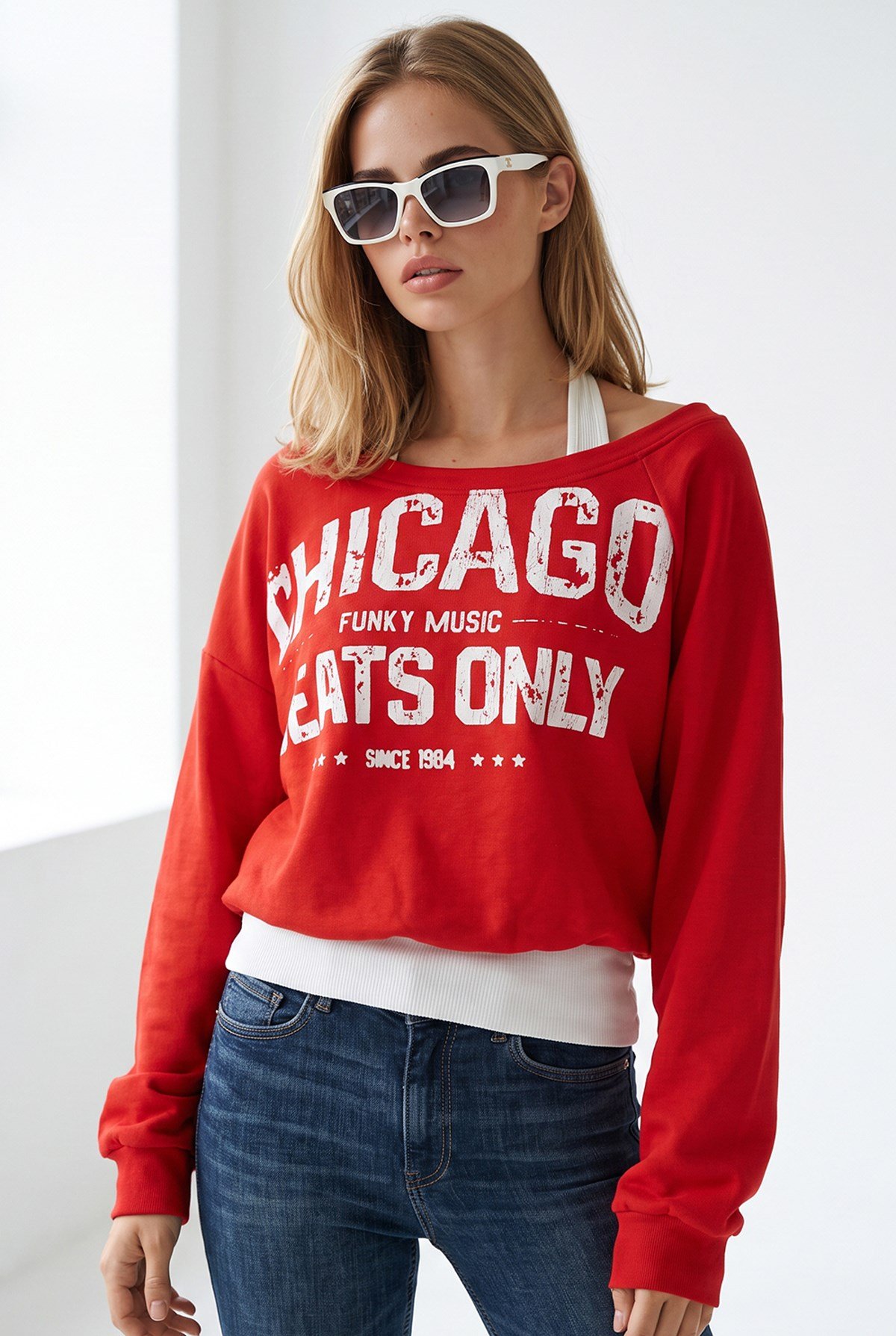 Kayık Yaka Çift Katmanlı Sweatshirt Kırmızı