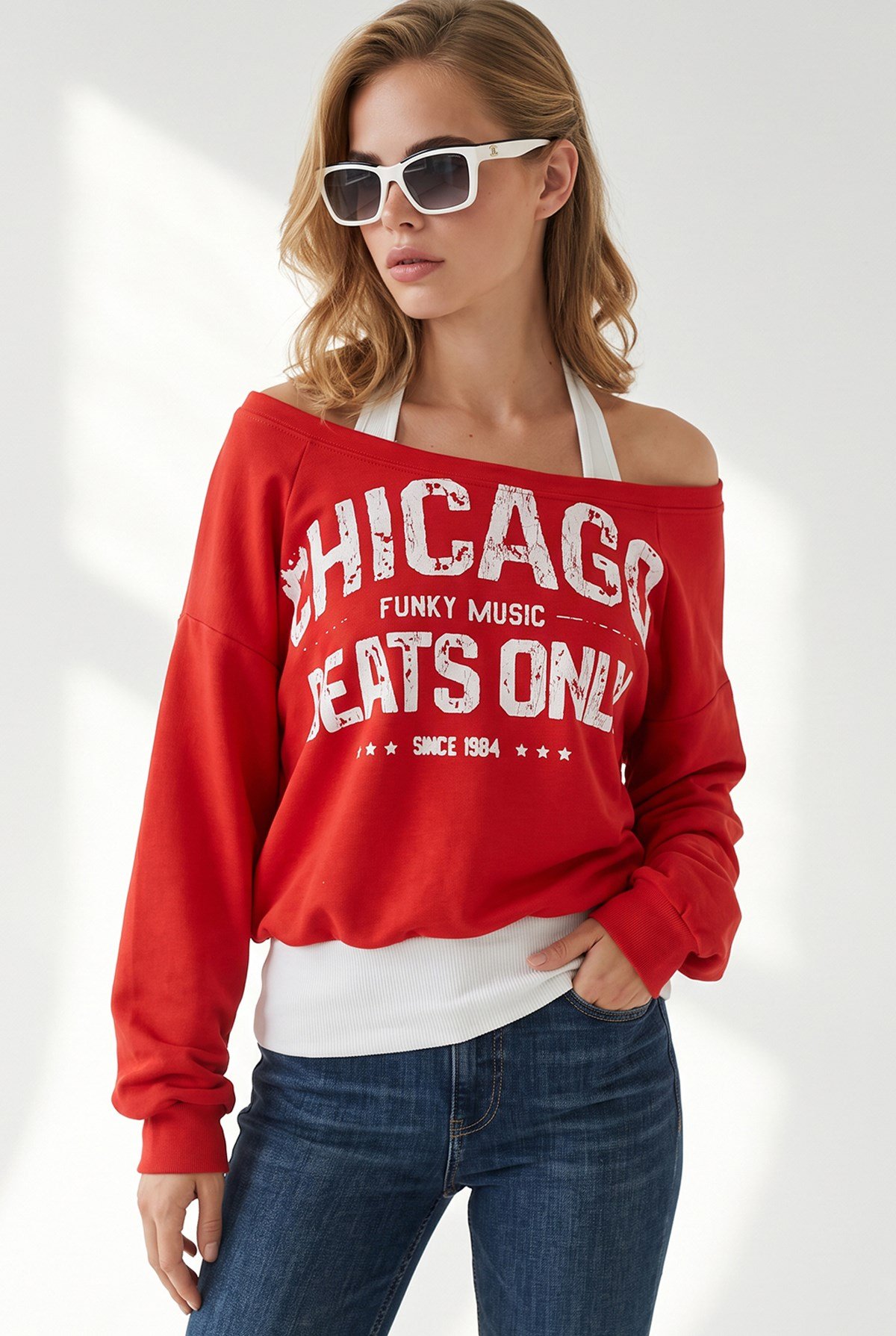 Kayık Yaka Çift Katmanlı Sweatshirt Kırmızı