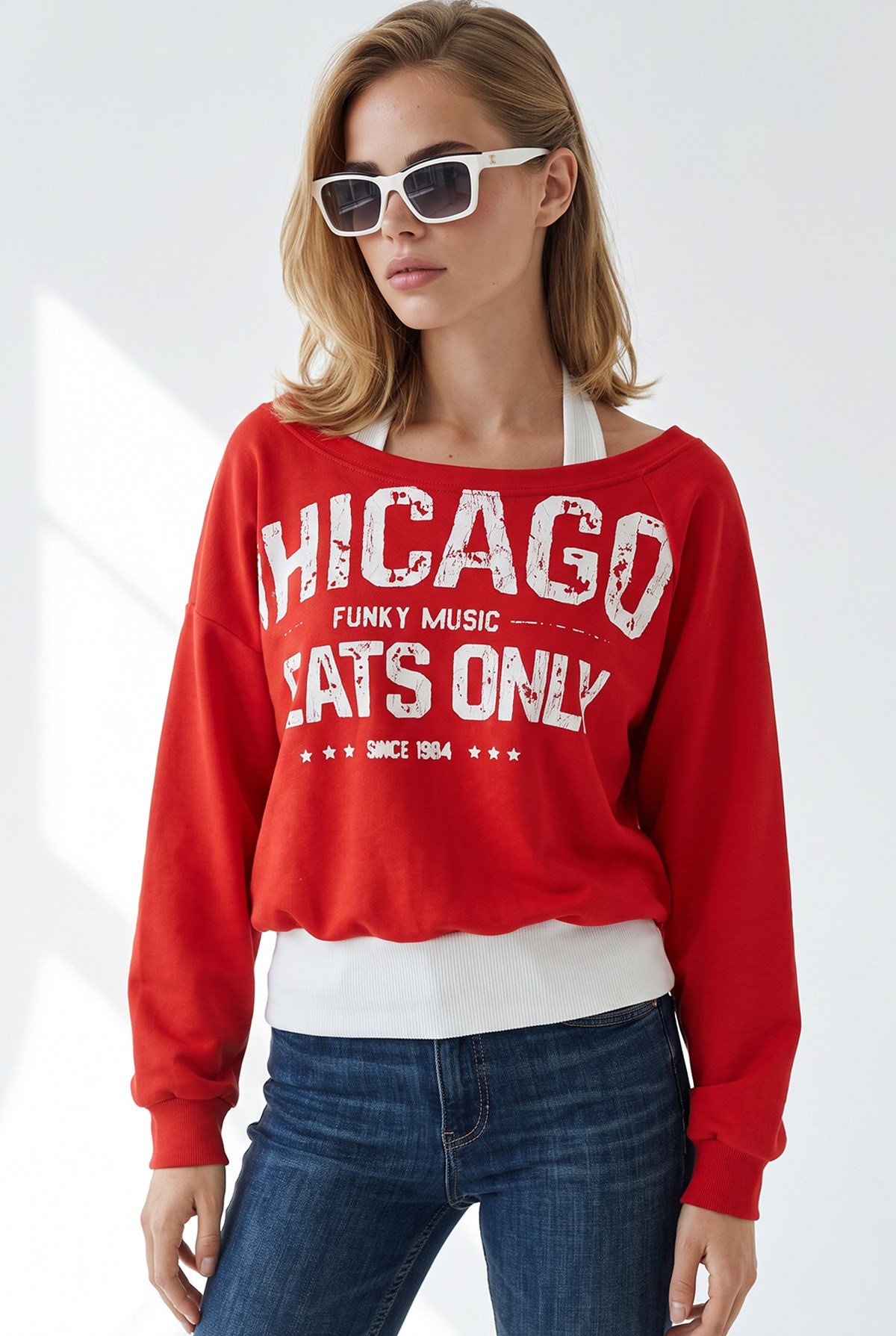 Kayık Yaka Çift Katmanlı Sweatshirt Kırmızı