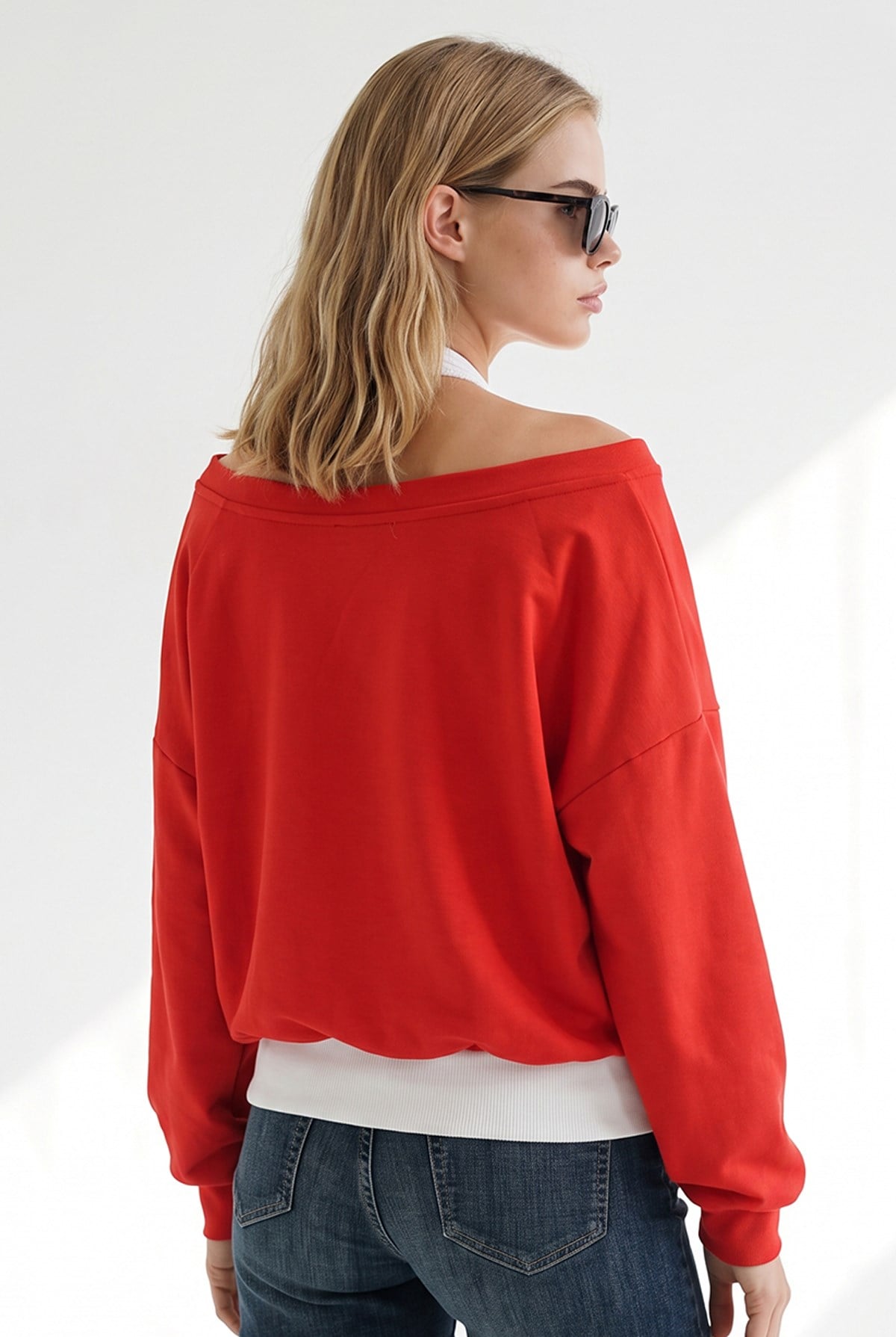 Kayık Yaka Çift Katmanlı Sweatshirt Kırmızı